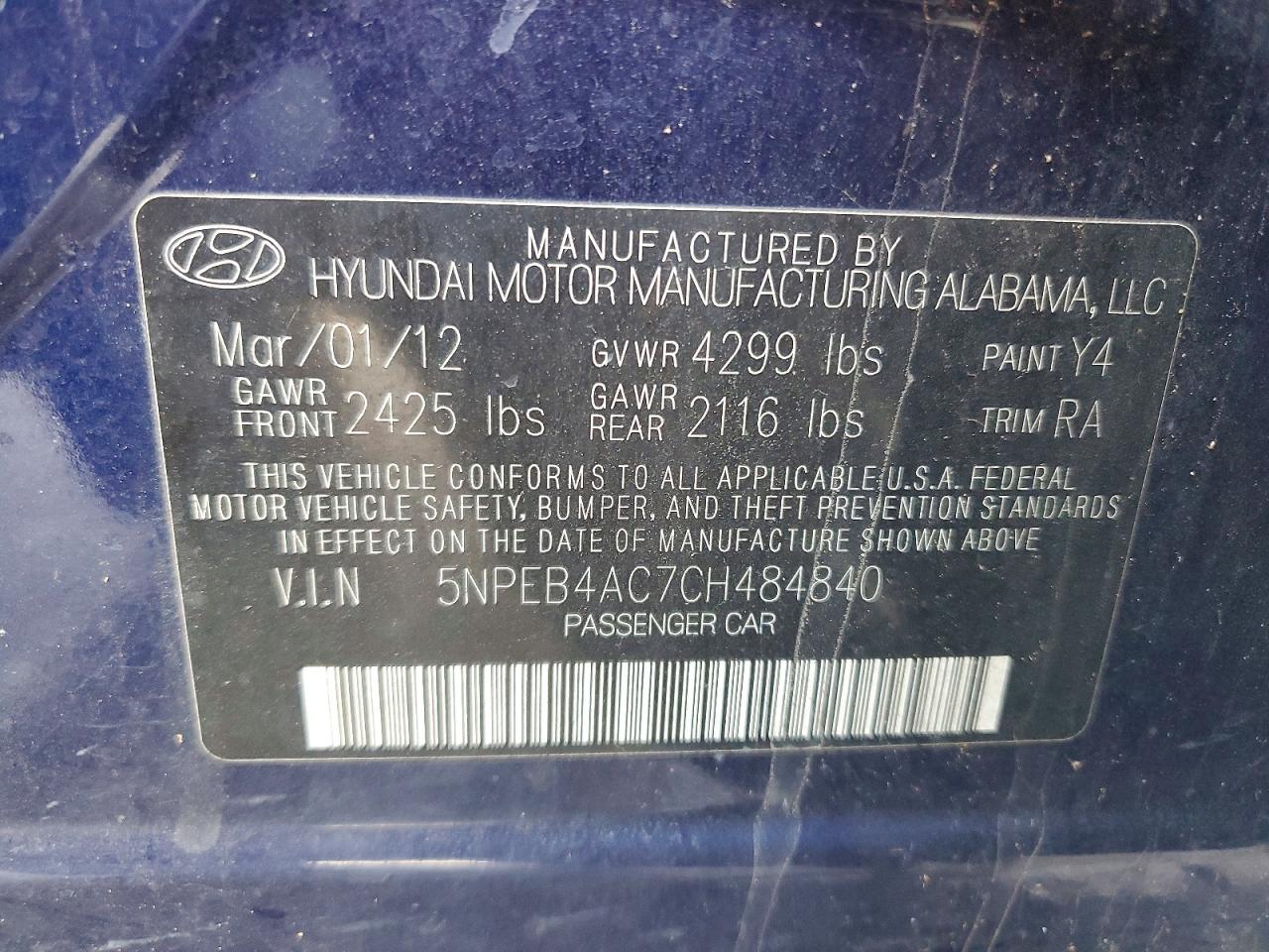 2012 Hyundai Sonata Gls Blue vin: 5NPEB4AC7CH484840