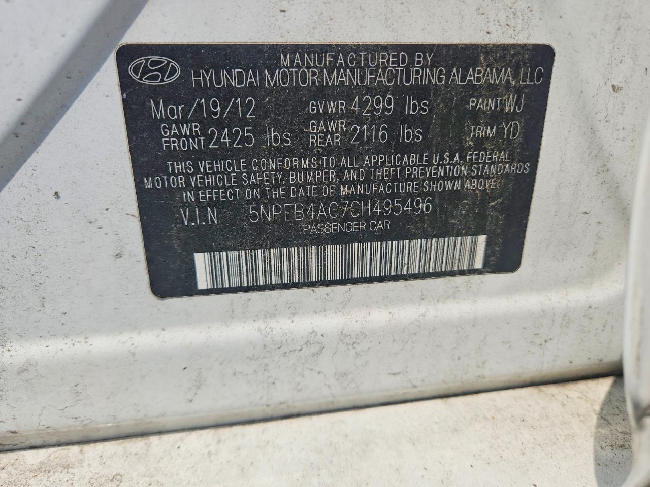 2012 Hyundai Sonata Gls White vin: 5NPEB4AC7CH495496