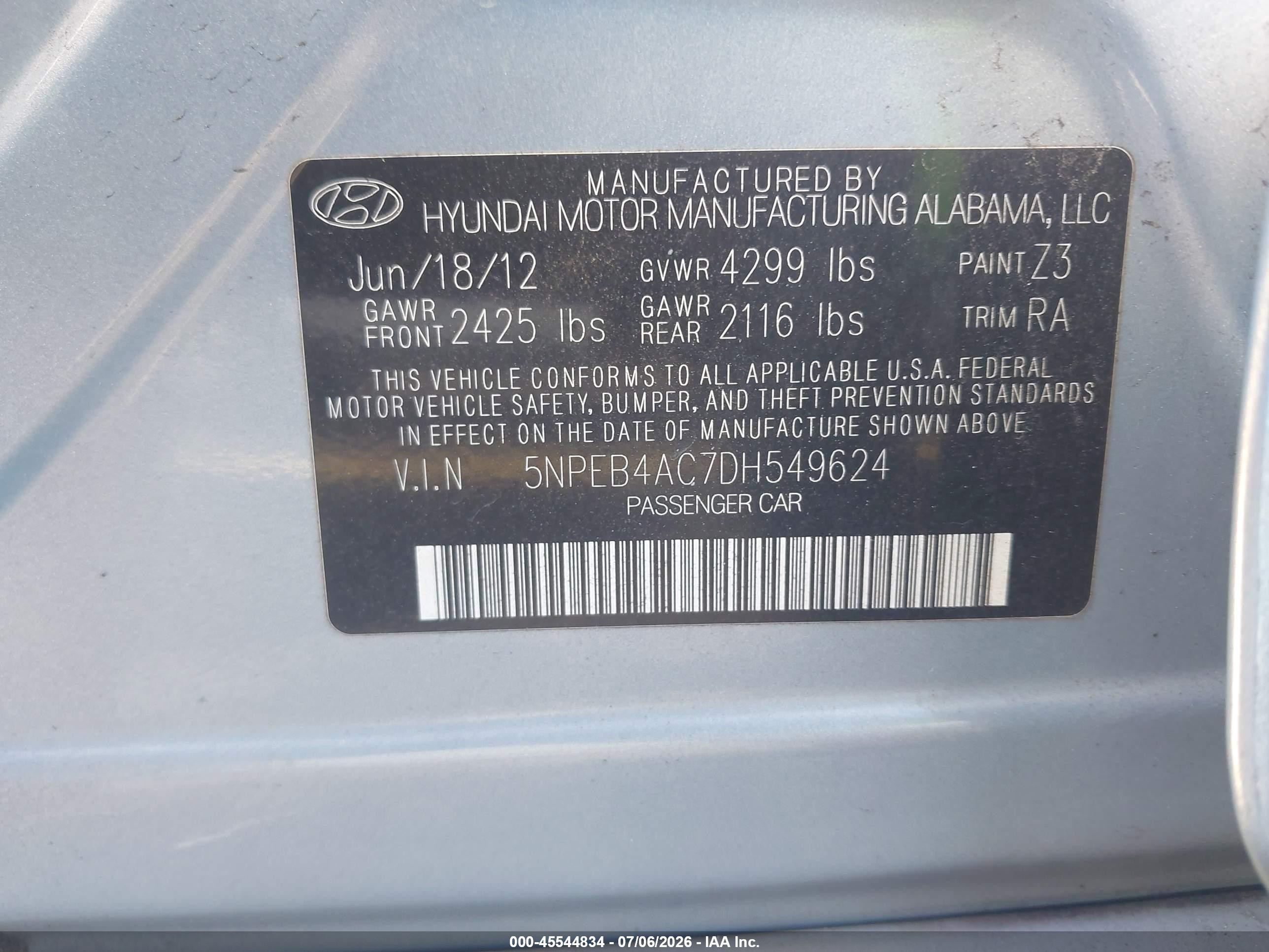 2013 Hyundai Sonata Gls Light Blue vin: 5NPEB4AC7DH549624