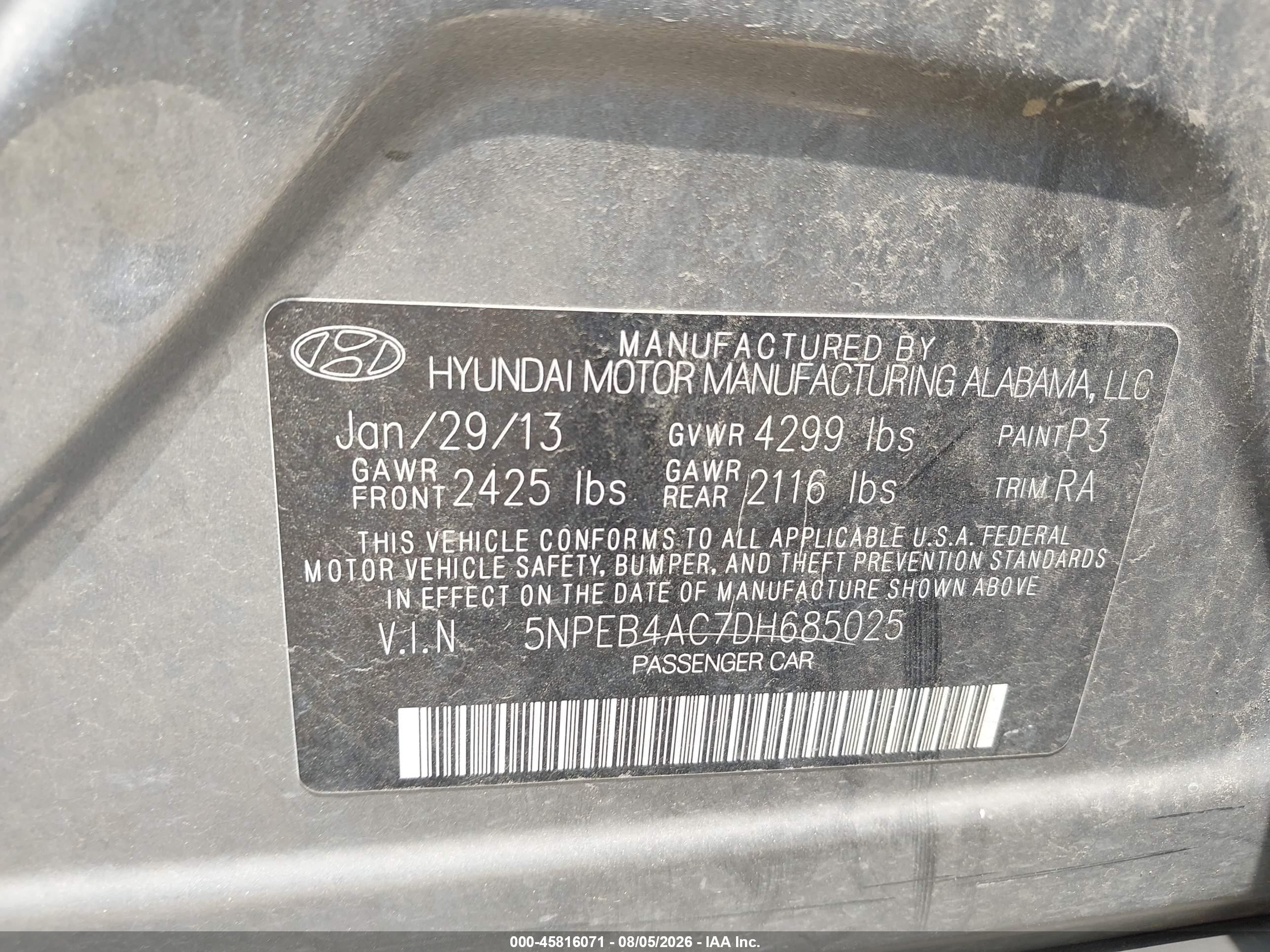 2013 Hyundai Sonata Gls Серый vin: 5NPEB4AC7DH685025