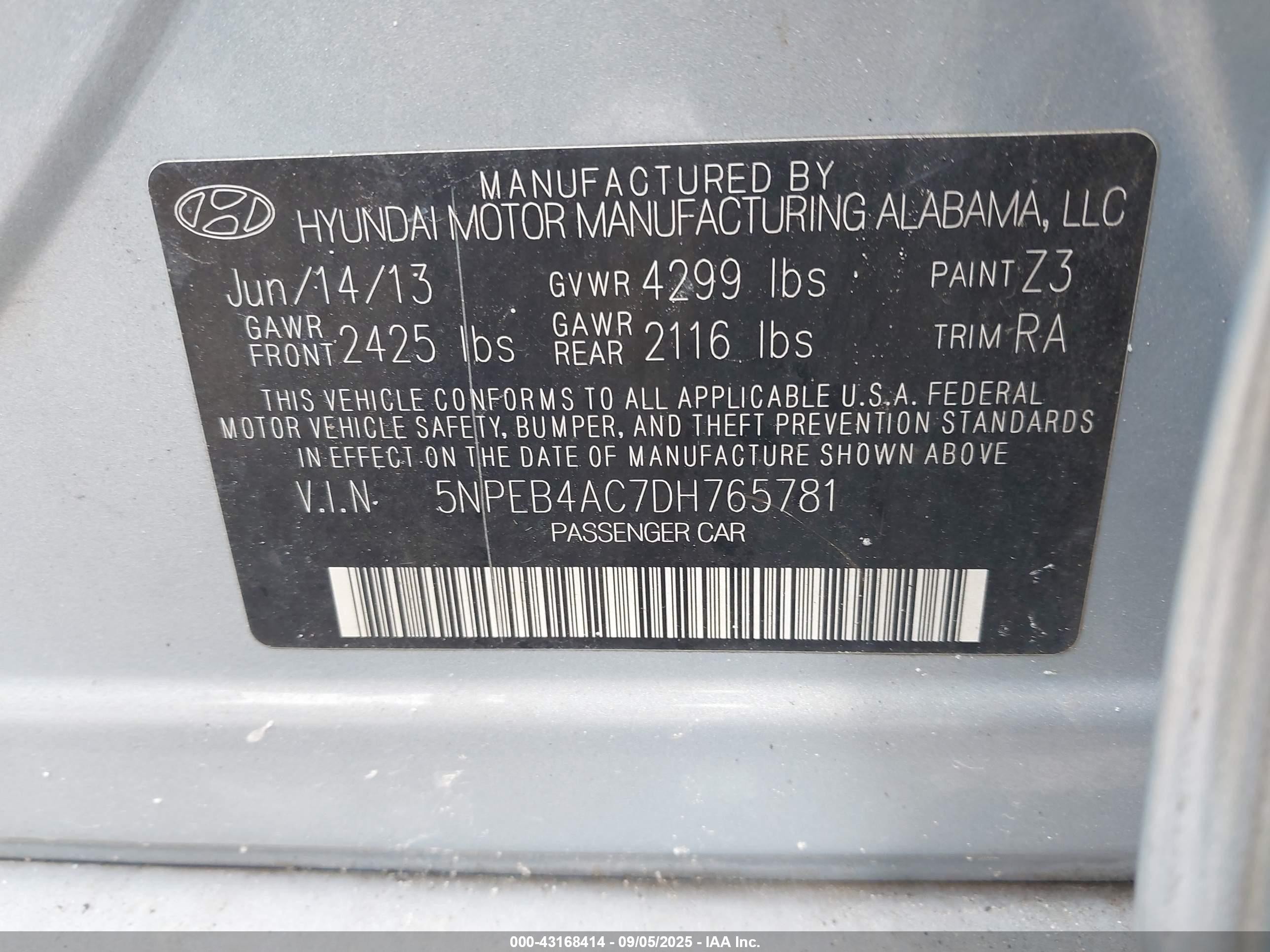 2013 Hyundai Sonata Gls Light Blue vin: 5NPEB4AC7DH765781