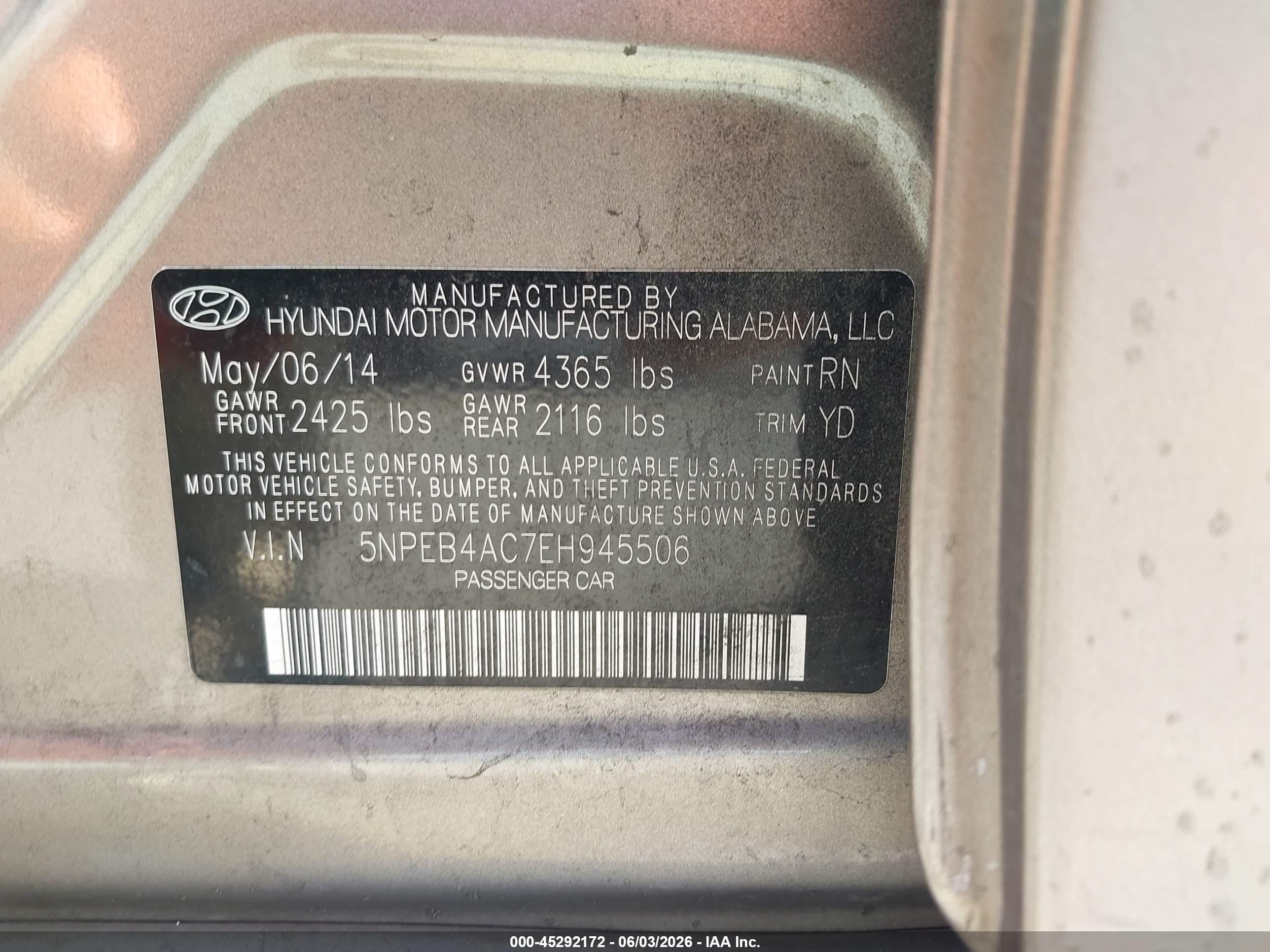 2014 Hyundai Sonata Gls Champagne vin: 5NPEB4AC7EH945506