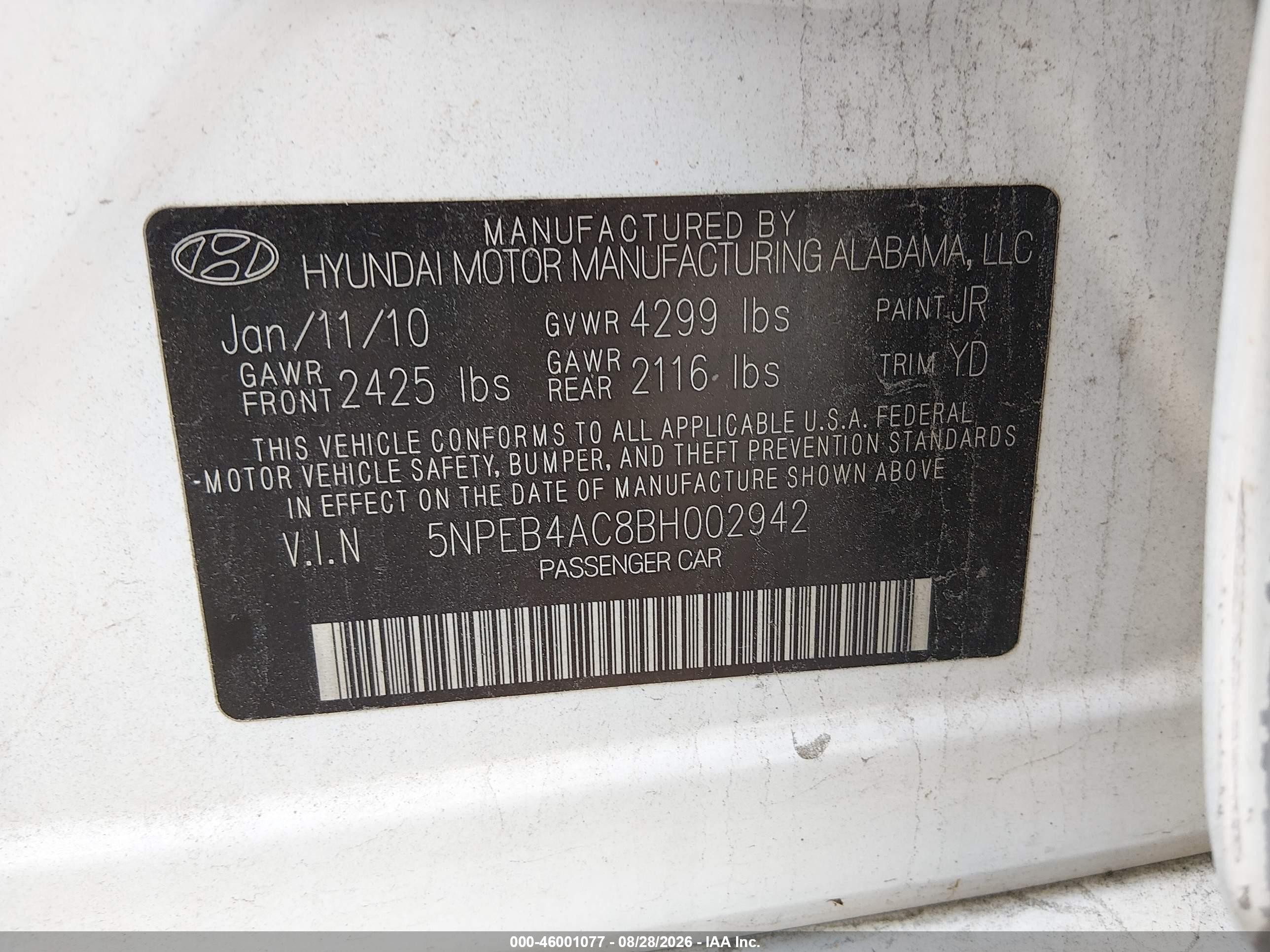 2011 Hyundai Sonata Gls White vin: 5NPEB4AC8BH002942