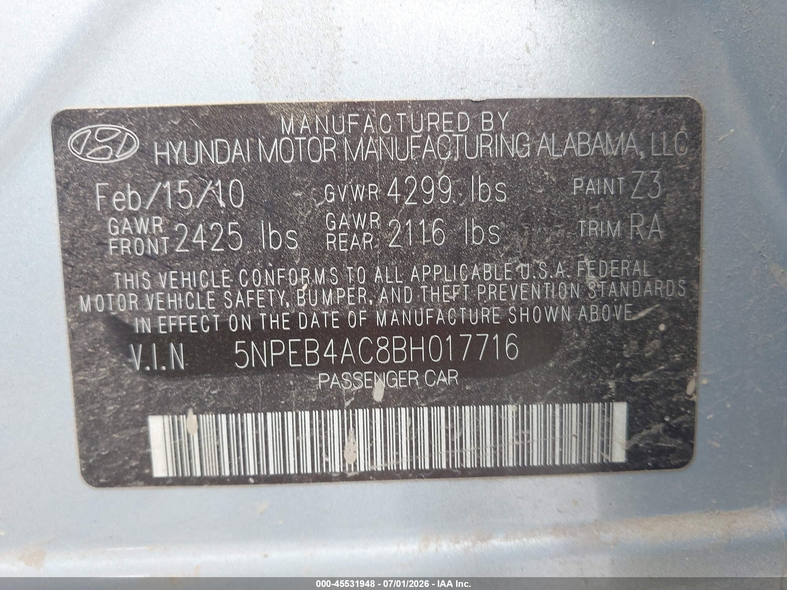 2011 Hyundai Sonata Gls Blue vin: 5NPEB4AC8BH017716