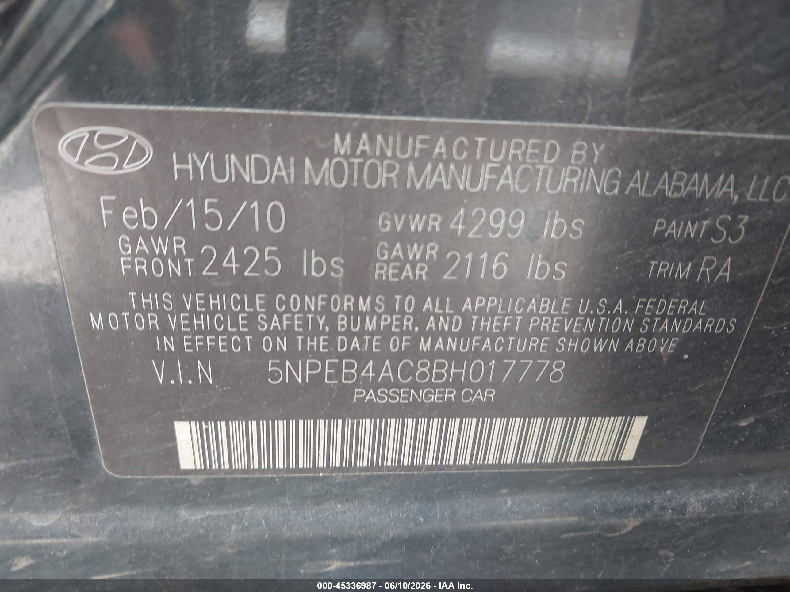 2011 Hyundai Sonata Gls Black vin: 5NPEB4AC8BH017778