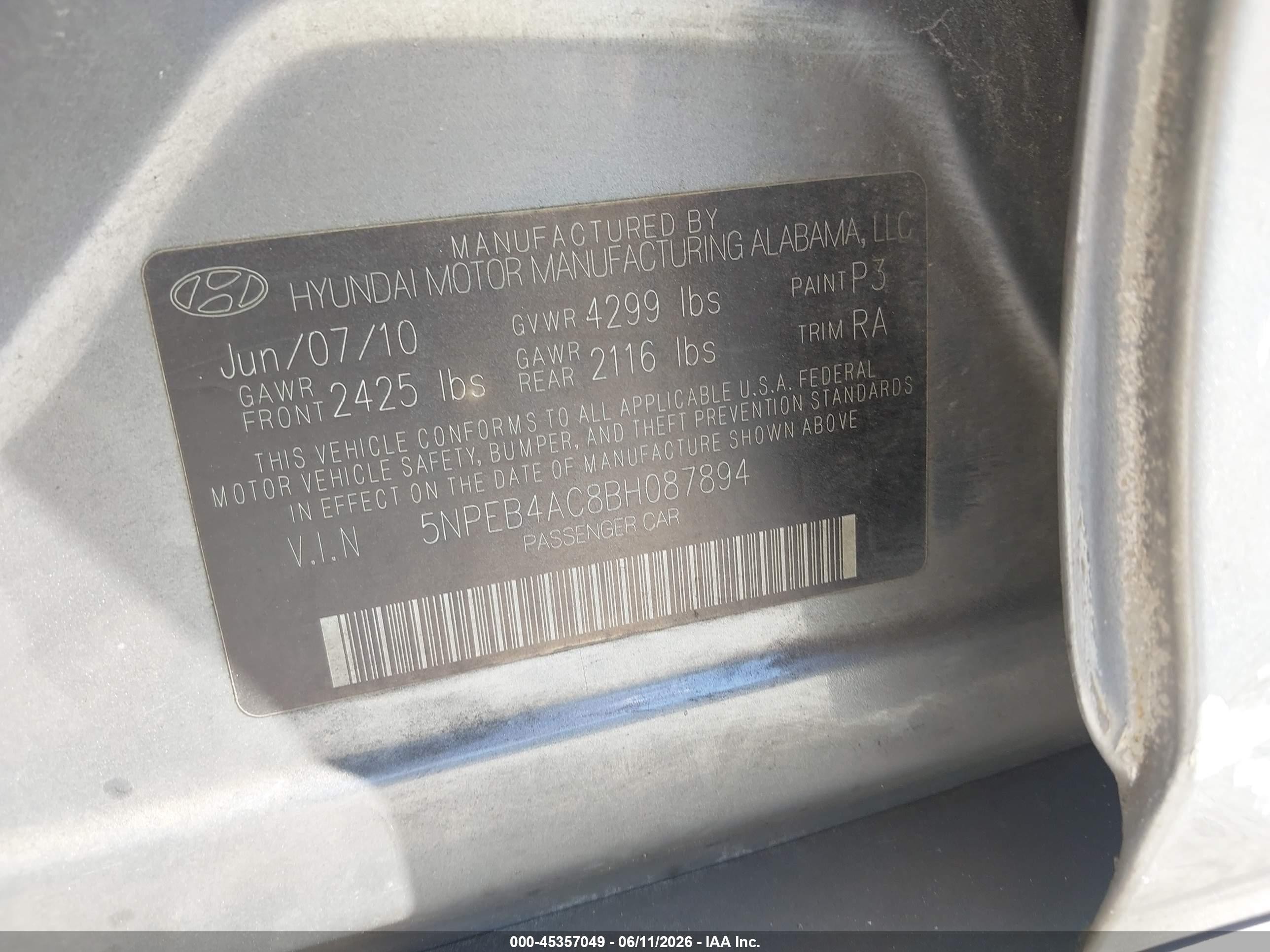 2011 Hyundai Sonata Gls Gray vin: 5NPEB4AC8BH087894