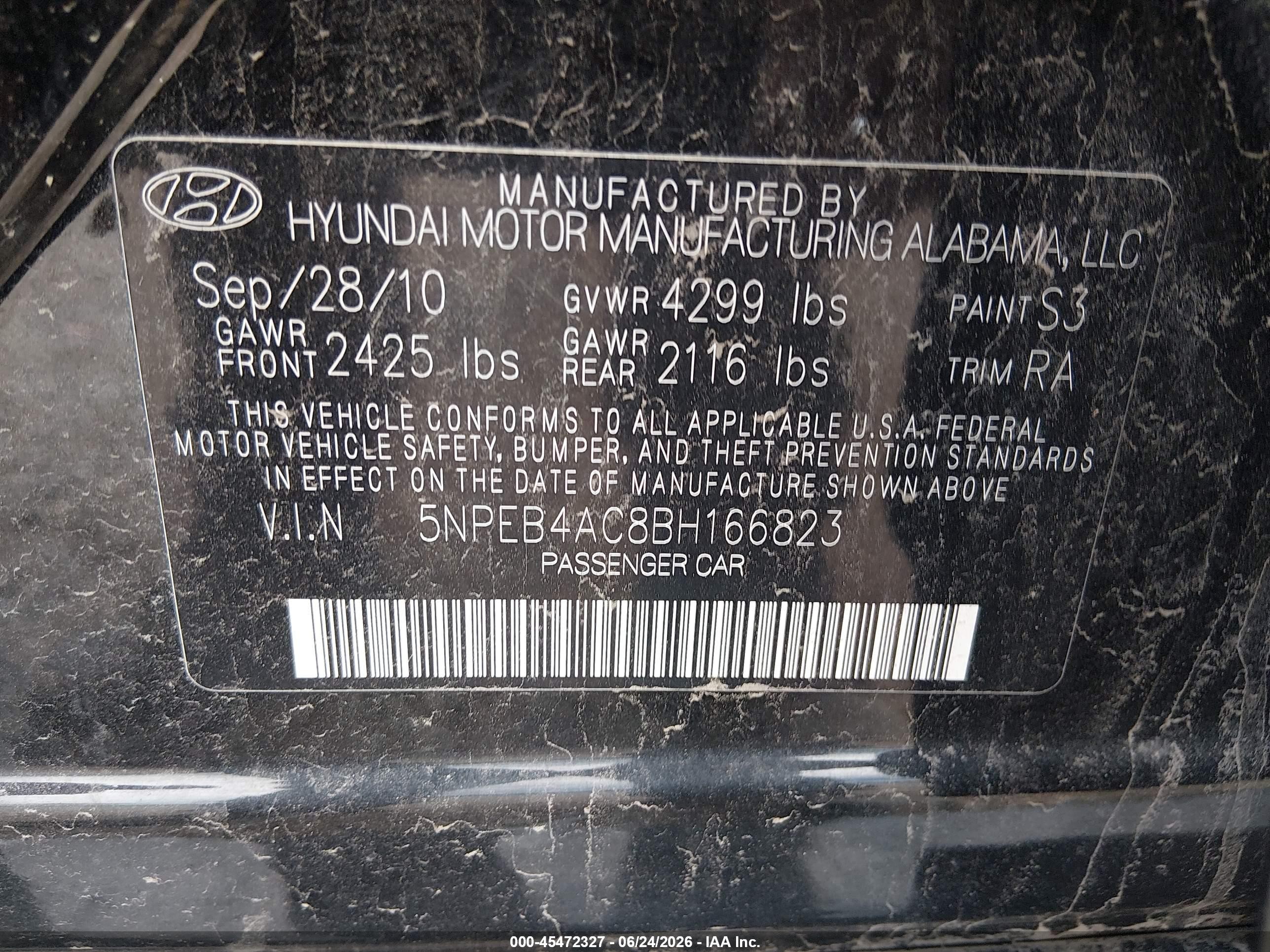 2011 Hyundai Sonata Gls Black vin: 5NPEB4AC8BH166823