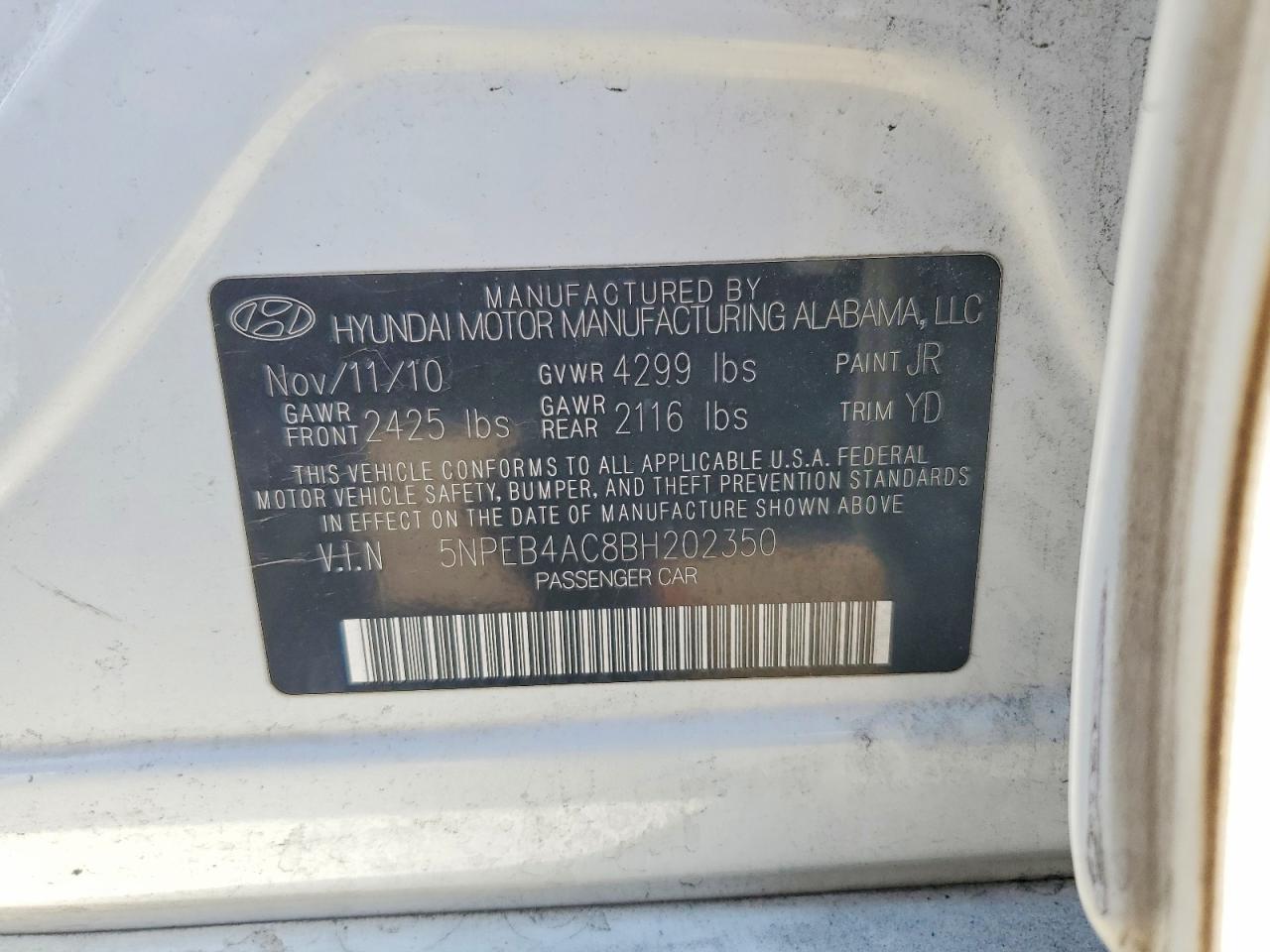 2011 Hyundai Sonata Gls White vin: 5NPEB4AC8BH202350
