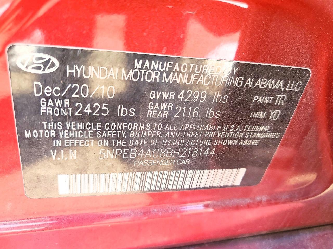 2011 Hyundai Sonata Gls Red vin: 5NPEB4AC8BH218144