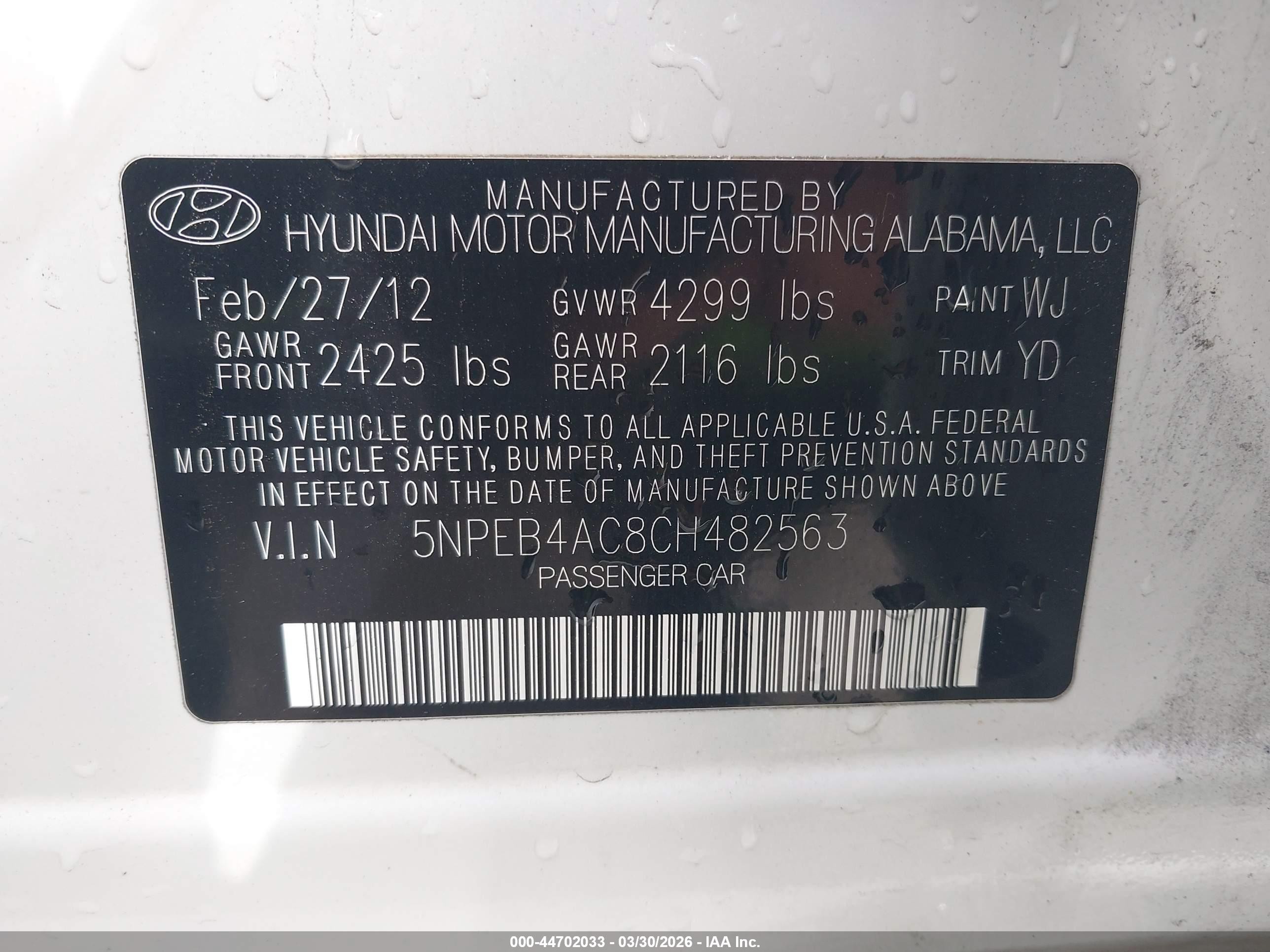 2012 Hyundai Sonata Gls White vin: 5NPEB4AC8CH482563