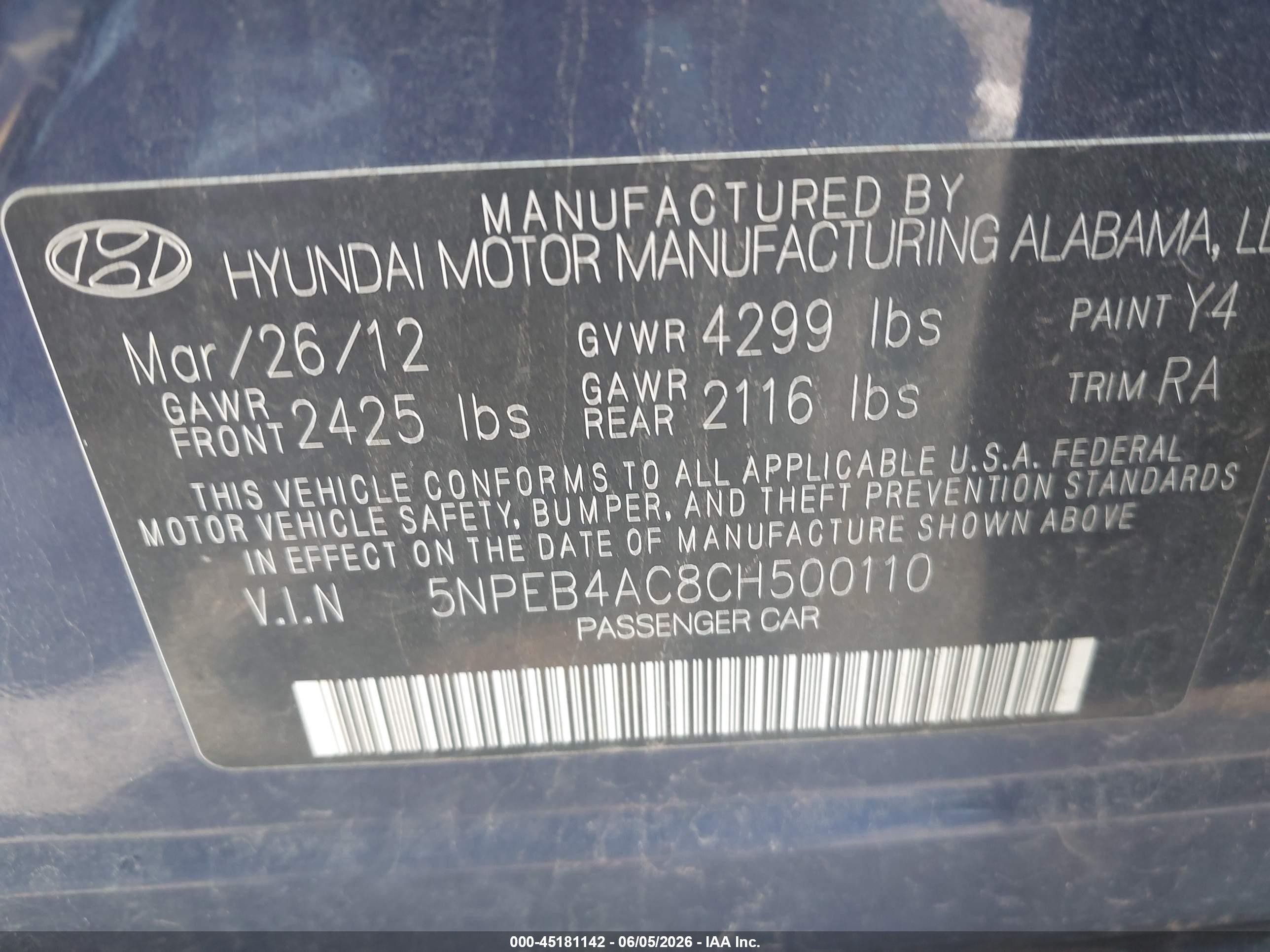2012 Hyundai Sonata Gls Blue vin: 5NPEB4AC8CH500110