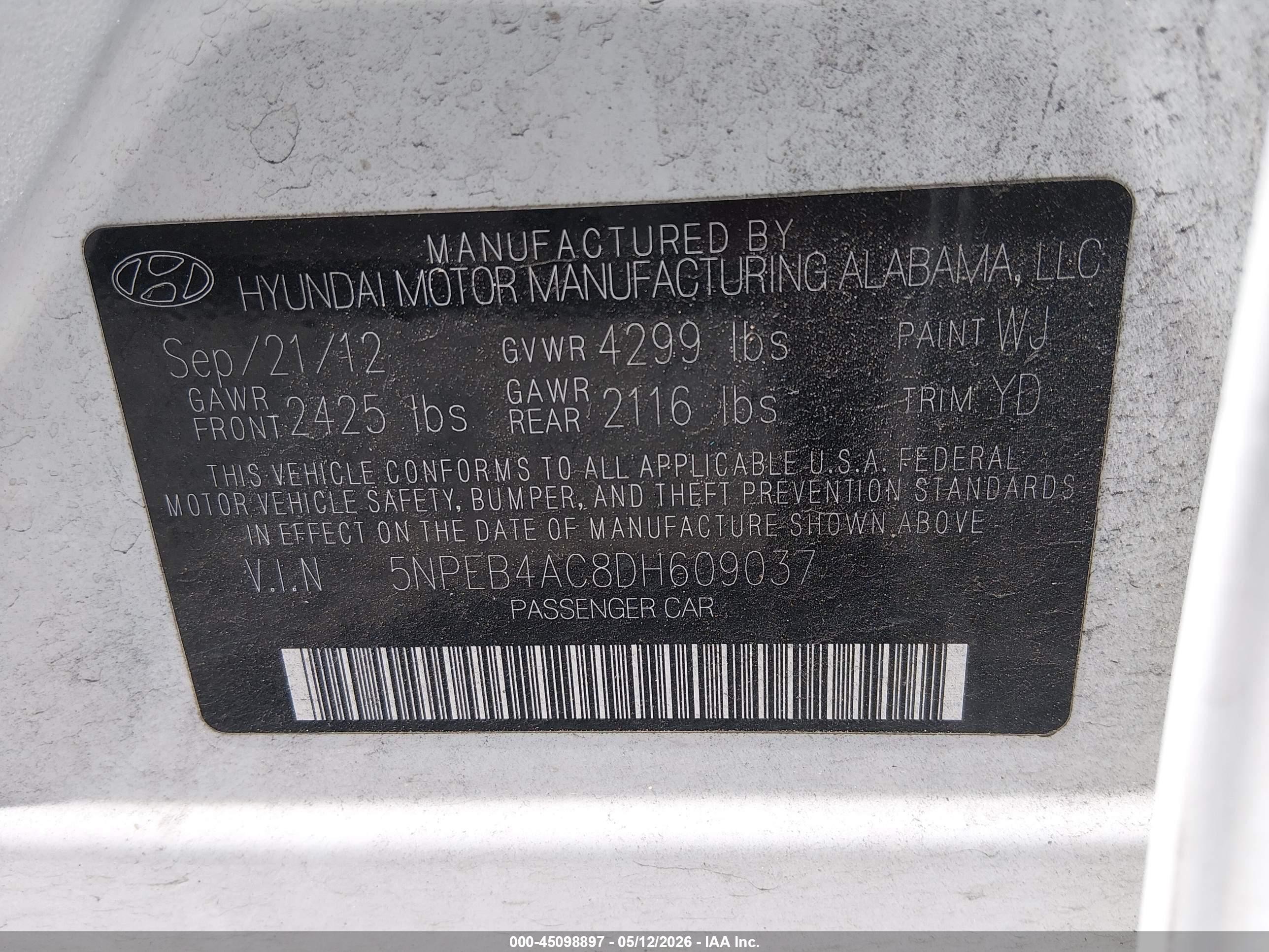 2013 Hyundai Sonata Gls White vin: 5NPEB4AC8DH609037