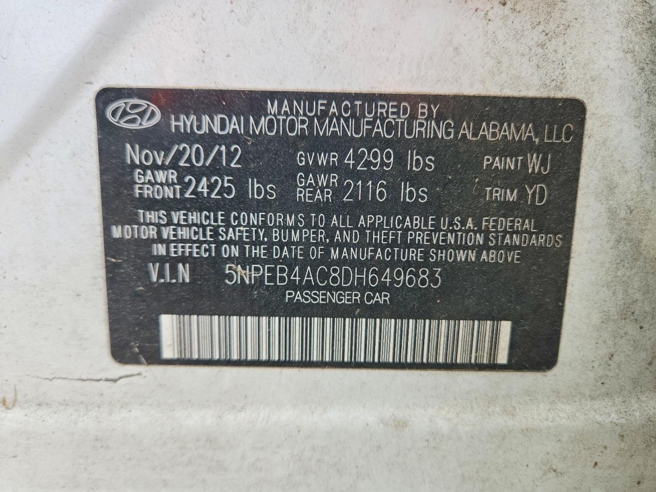 2013 Hyundai Sonata Gls White vin: 5NPEB4AC8DH649683