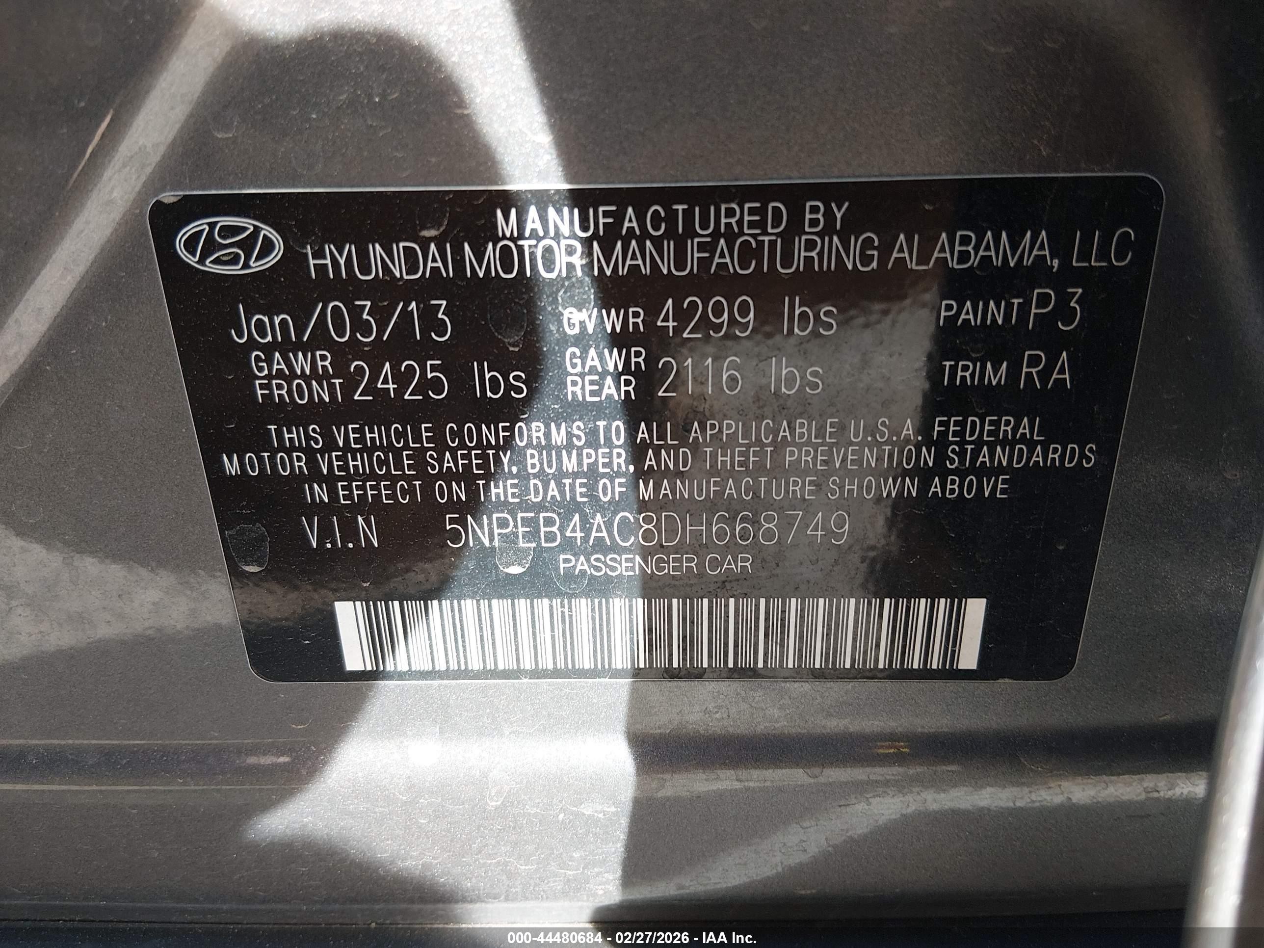 2013 Hyundai Sonata Gls Gray vin: 5NPEB4AC8DH668749