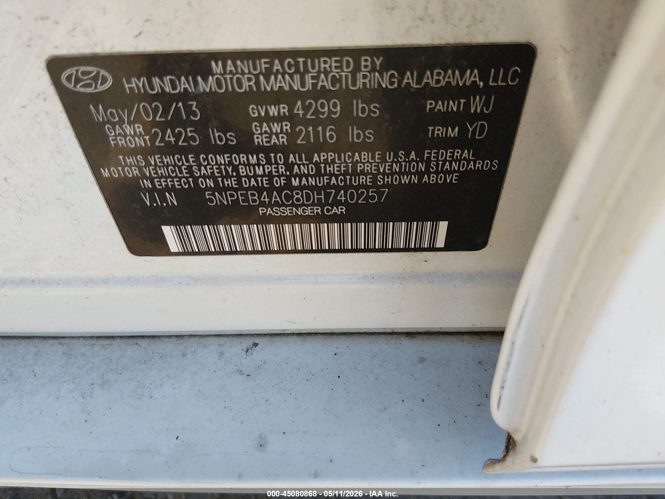 2013 Hyundai Sonata Gls White vin: 5NPEB4AC8DH740257