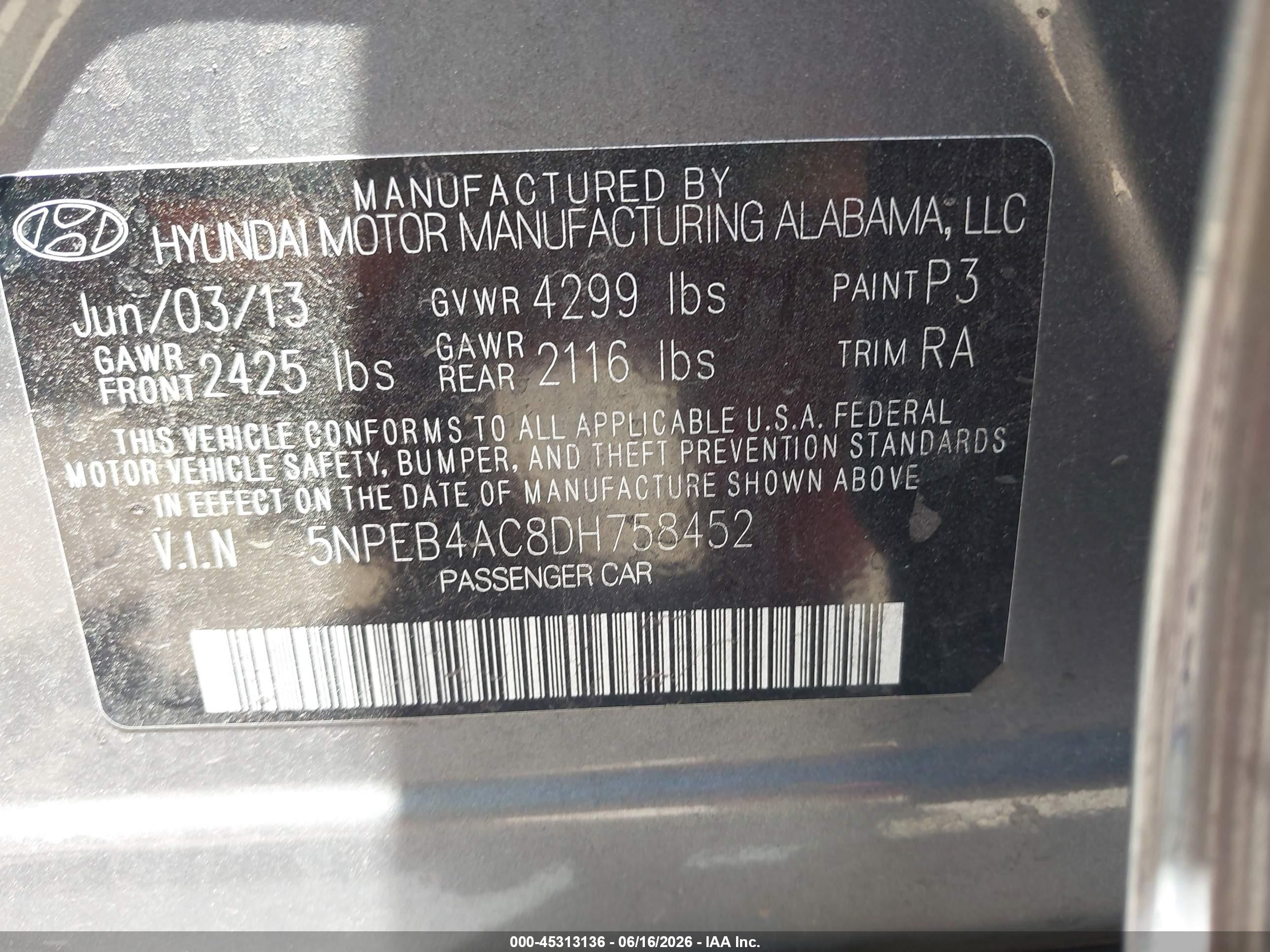 2013 Hyundai Sonata Gls Gray vin: 5NPEB4AC8DH758452