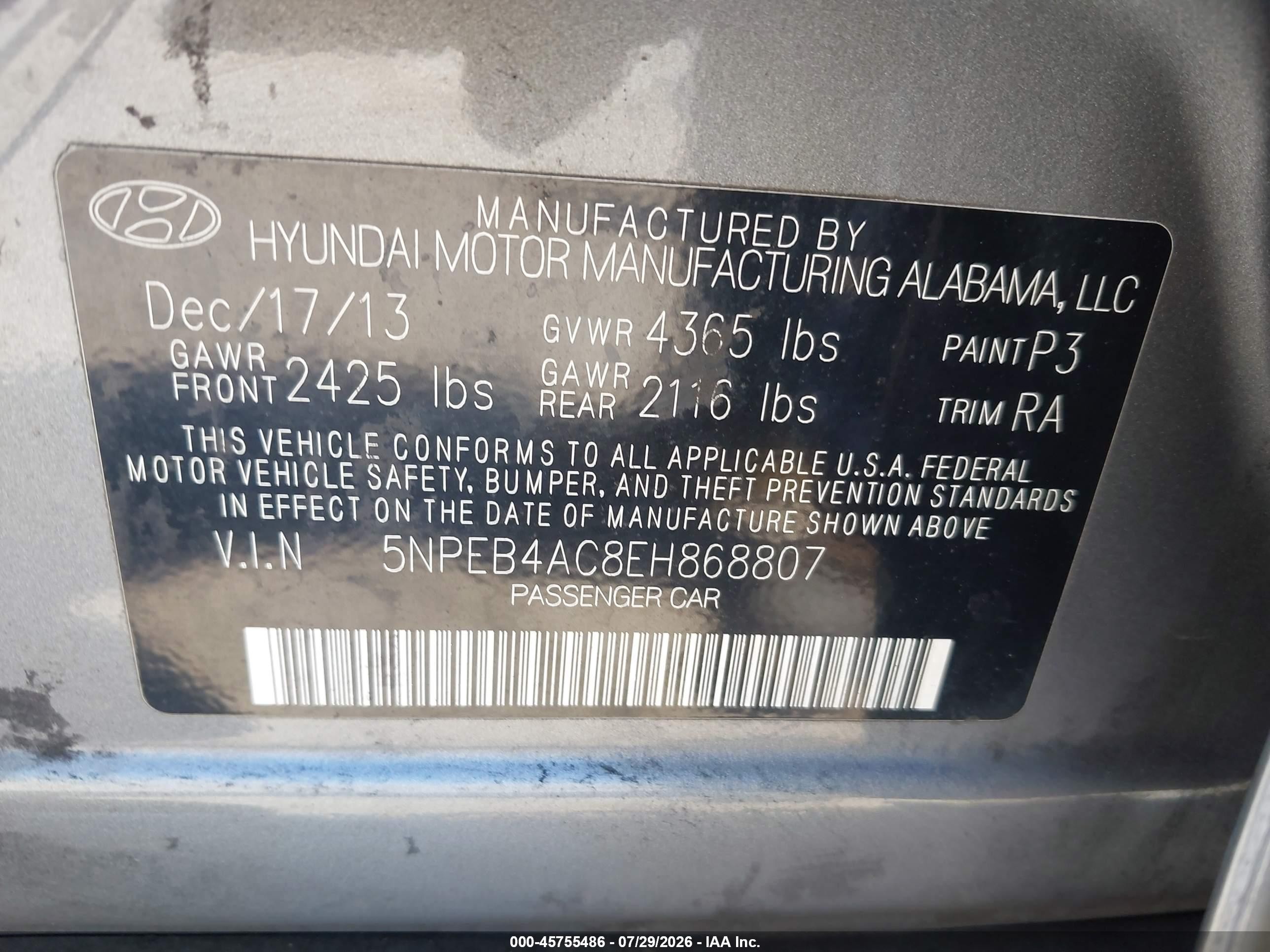 2014 Hyundai Sonata Gls Gray vin: 5NPEB4AC8EH868807