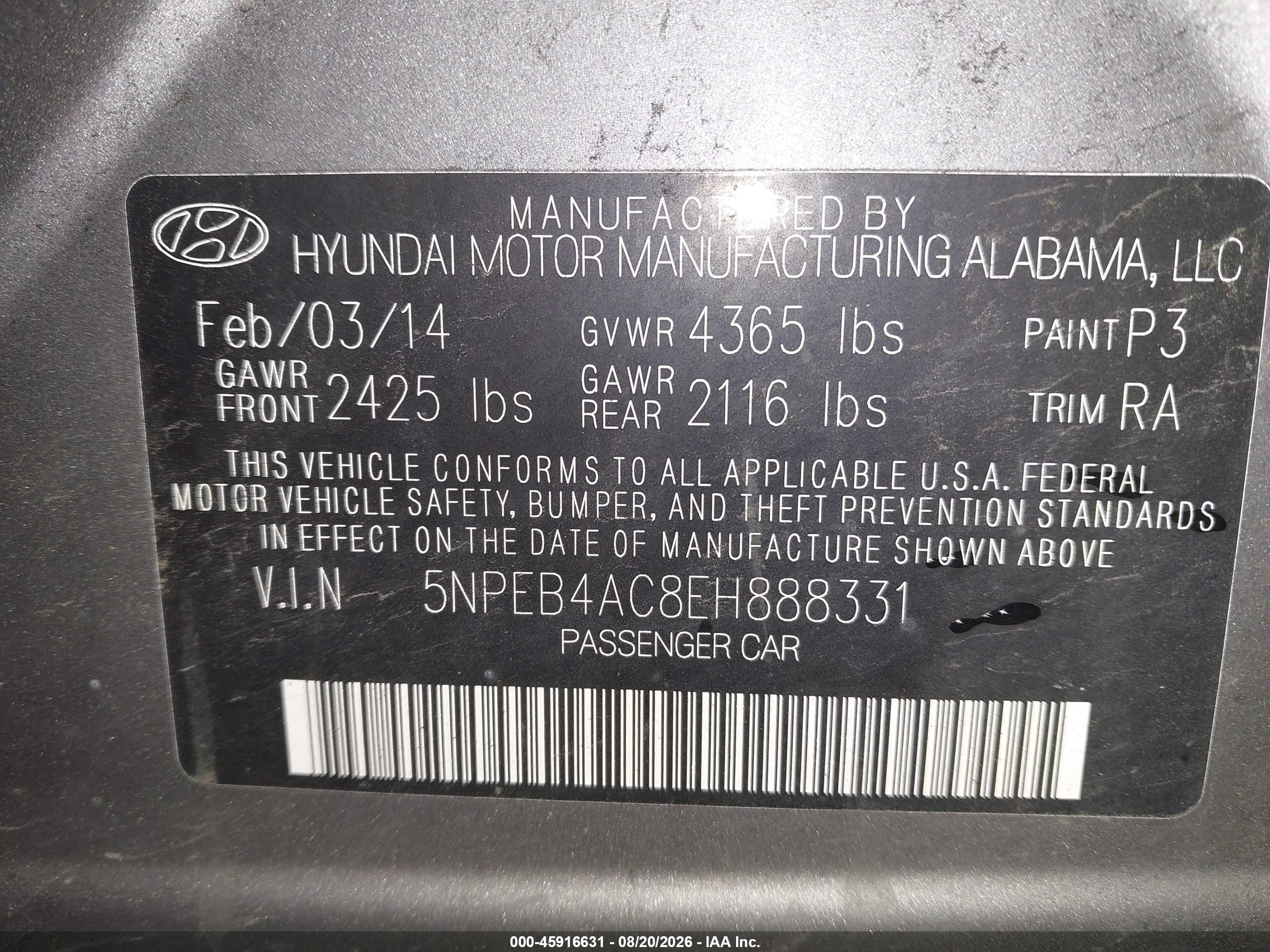 2014 Hyundai Sonata Gls Gray vin: 5NPEB4AC8EH888331