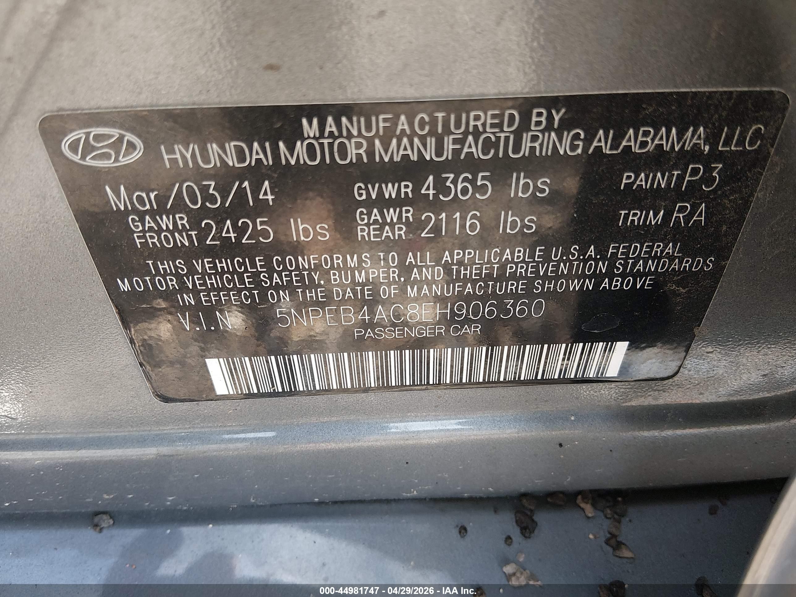 2014 Hyundai Sonata Gls Gray vin: 5NPEB4AC8EH906360