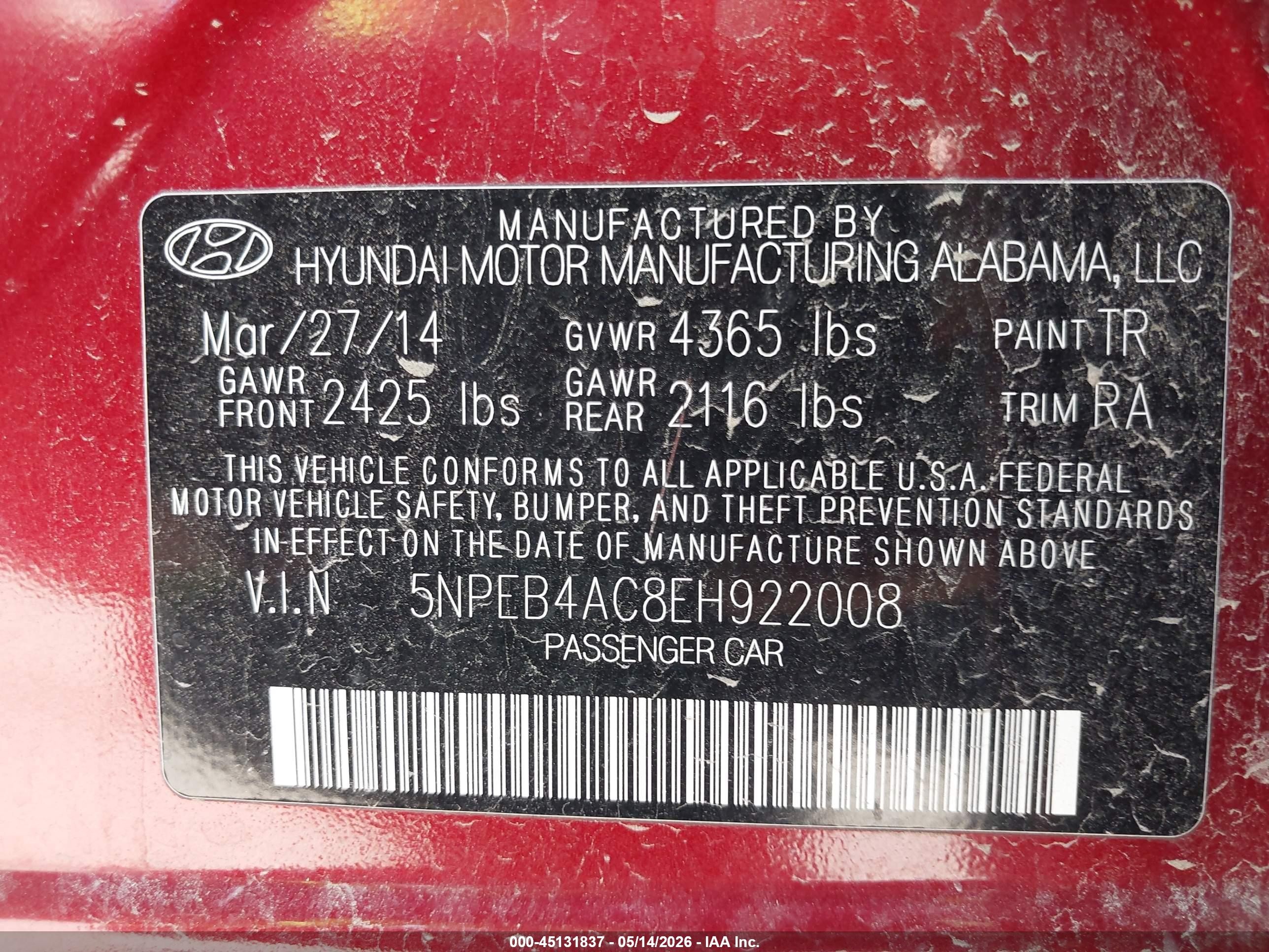 2014 Hyundai Sonata Gls Red vin: 5NPEB4AC8EH922008