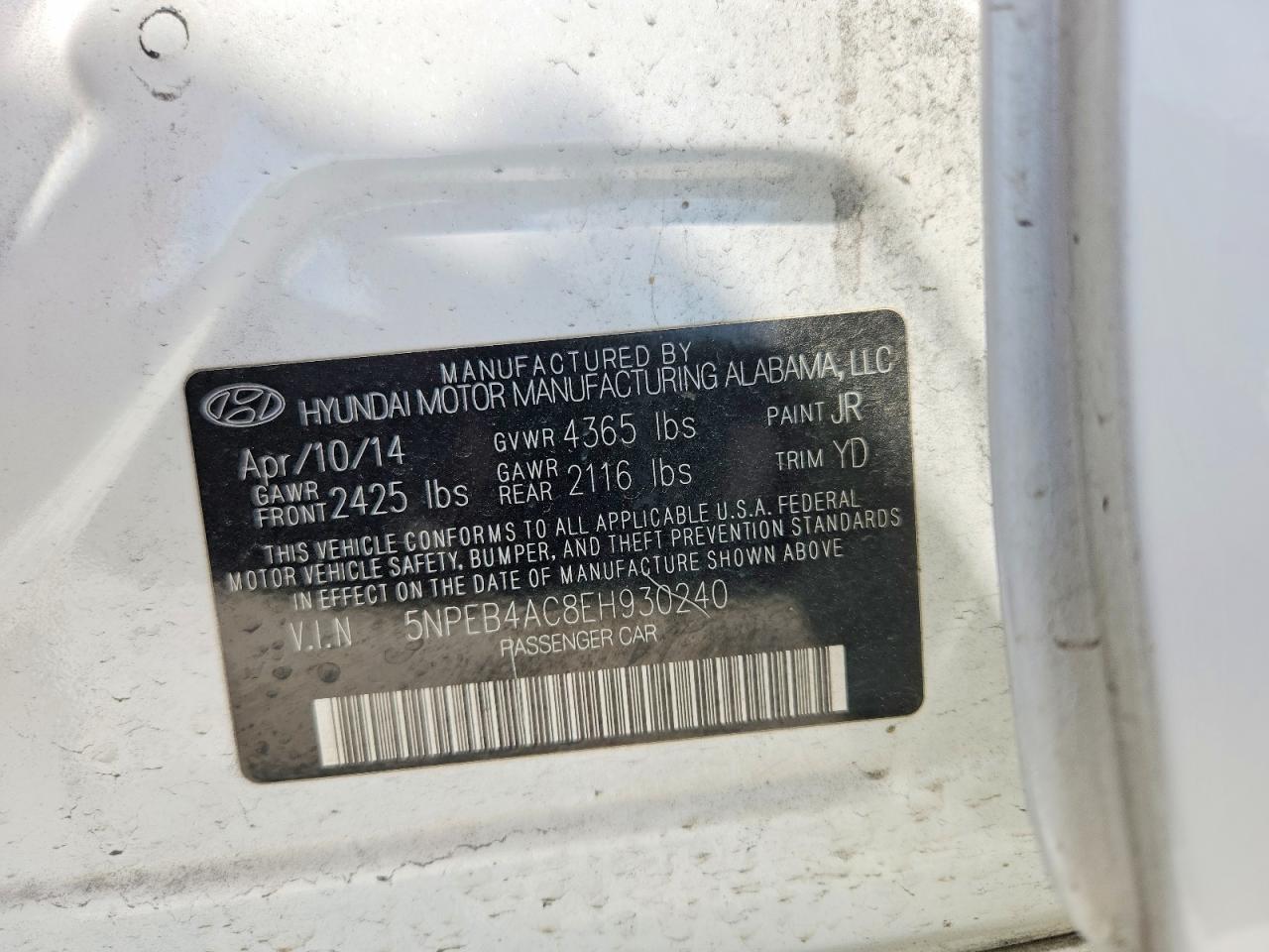 2014 Hyundai Sonata Gls White vin: 5NPEB4AC8EH930240