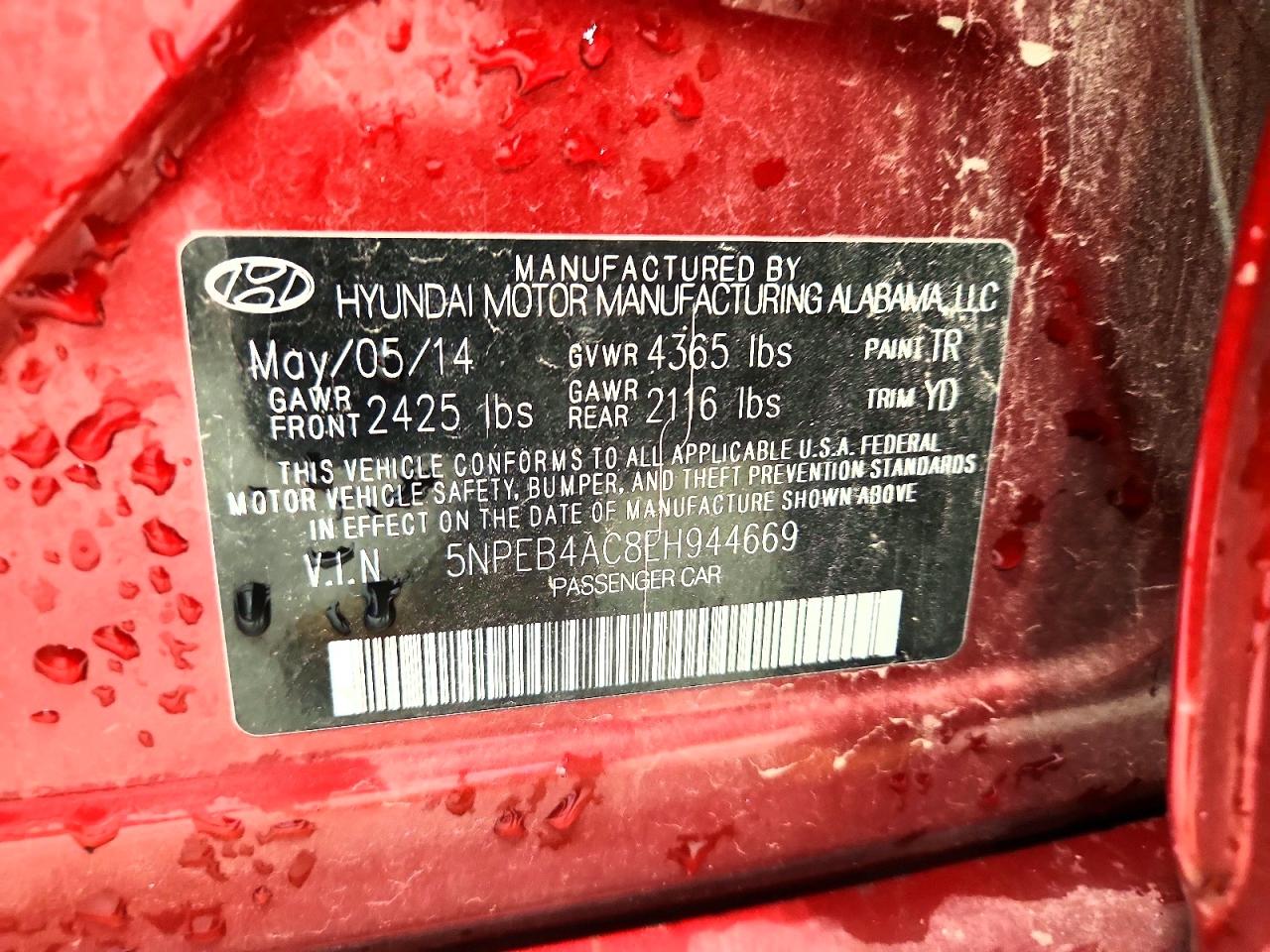 2014 Hyundai Sonata Gls Red vin: 5NPEB4AC8EH944669