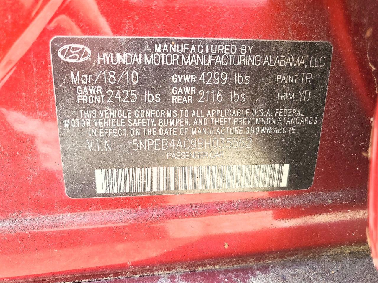2011 Hyun Sonata Red vin: 5NPEB4AC9BH035562