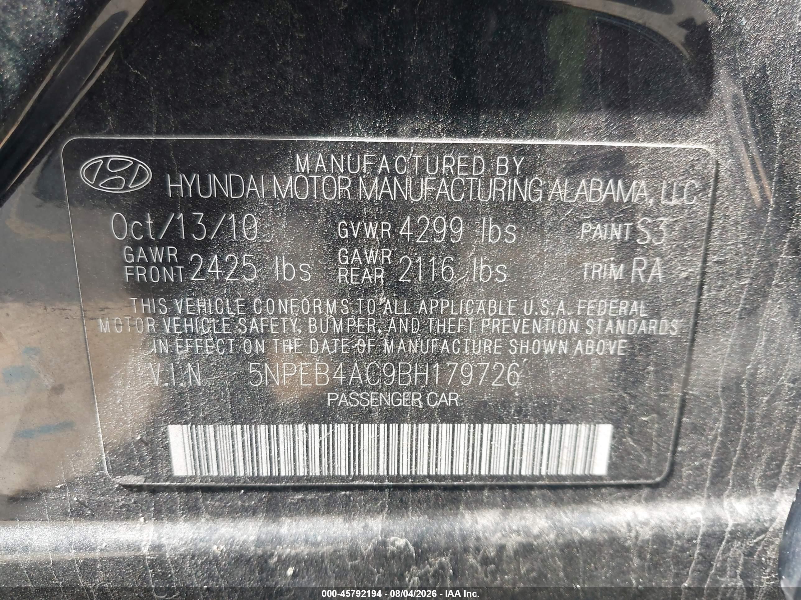 2011 Hyundai Sonata Gls Black vin: 5NPEB4AC9BH179726