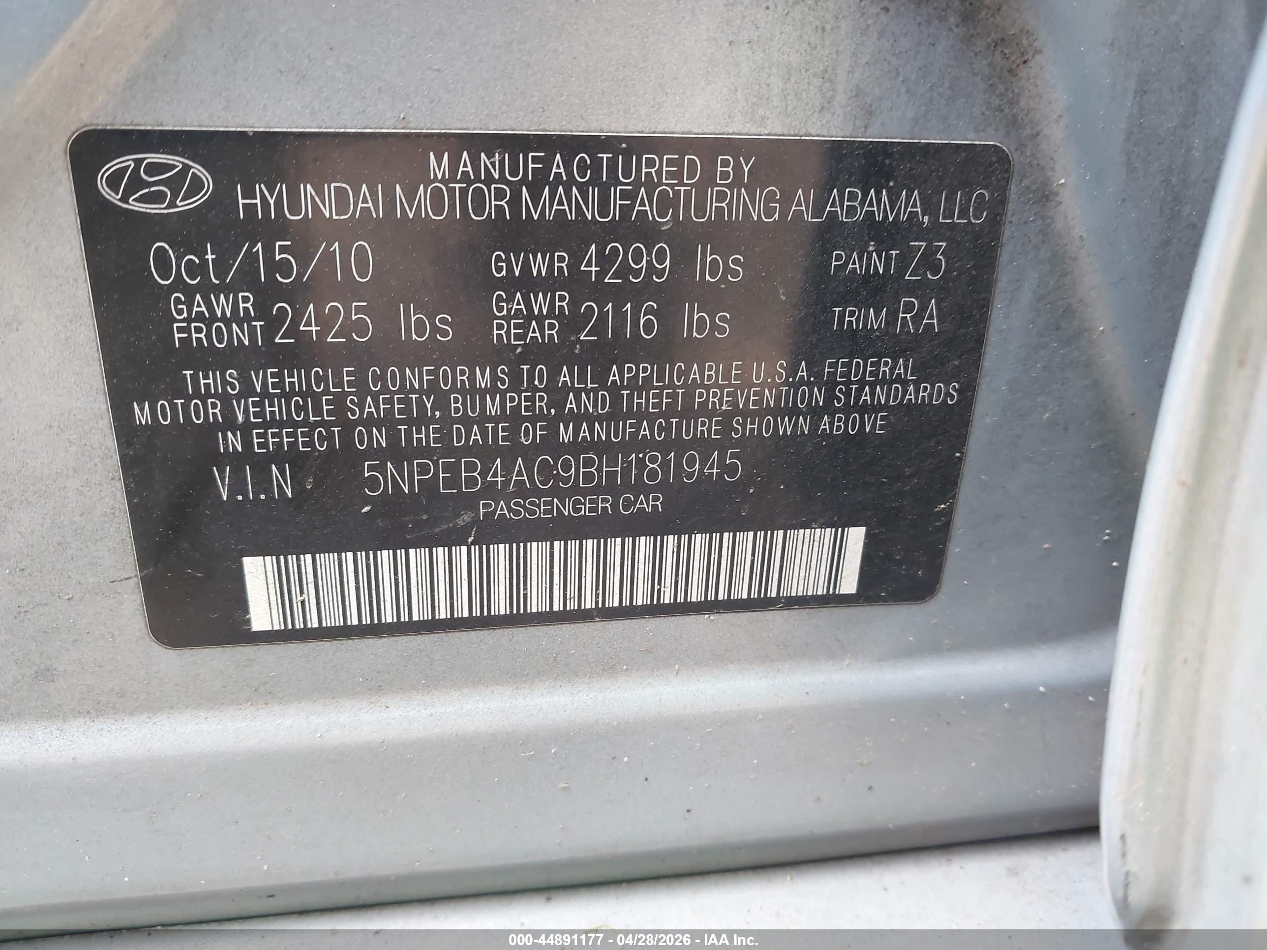 2011 Hyundai Sonata Gls Light Blue vin: 5NPEB4AC9BH181945