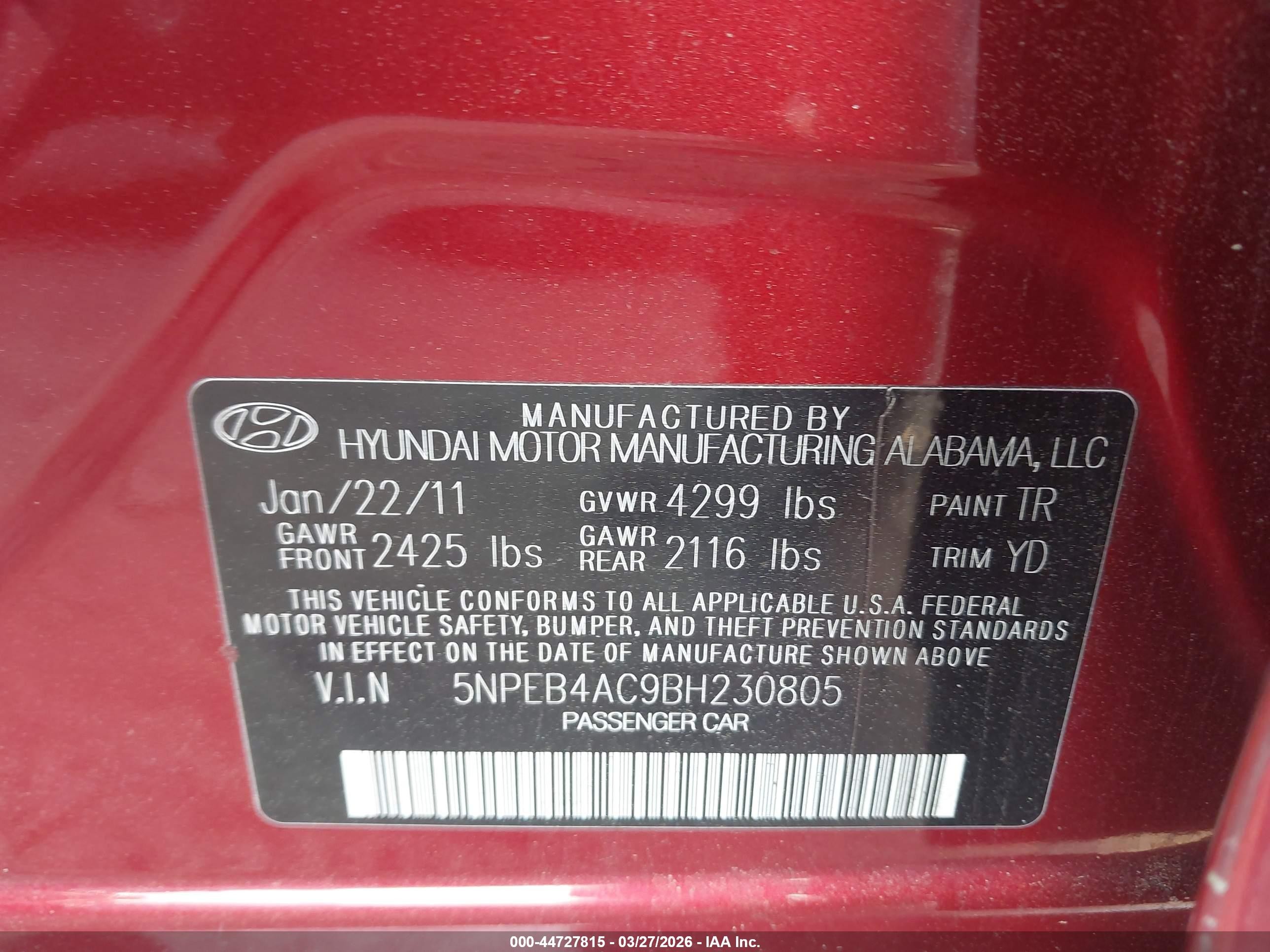 2011 Hyundai Sonata Gls Red vin: 5NPEB4AC9BH230805