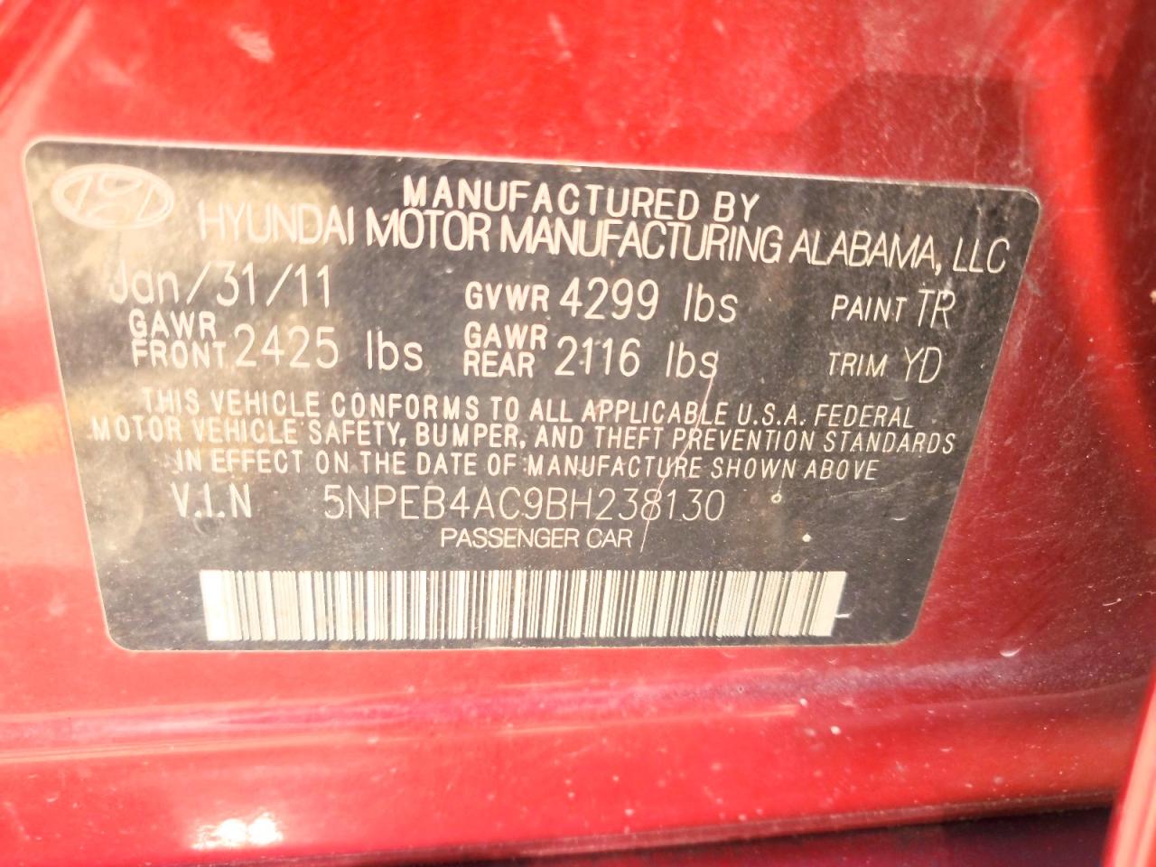 2011 Hyundai Sonata Gls Burgundy vin: 5NPEB4AC9BH238130