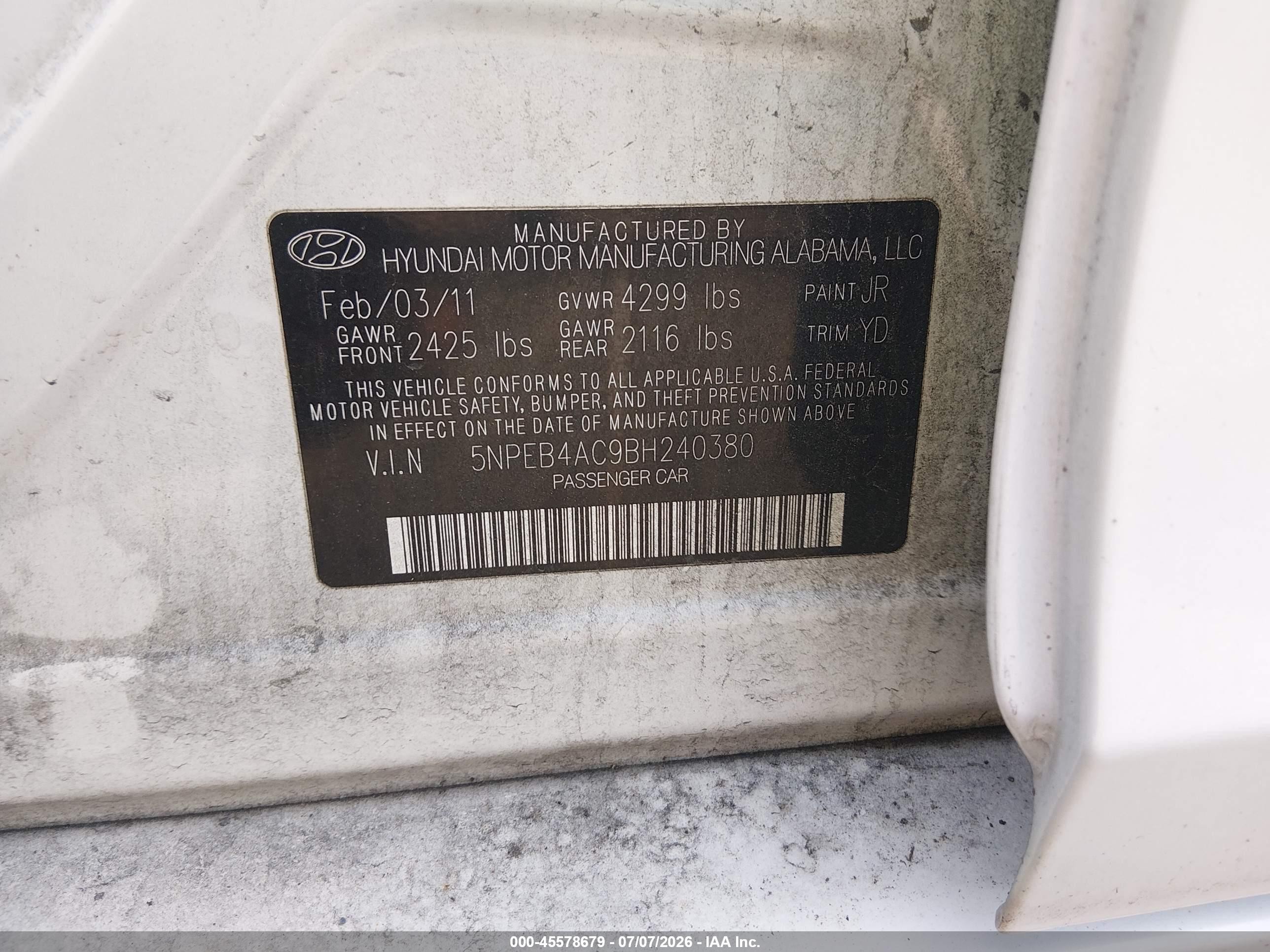 2011 Hyundai Sonata Gls White vin: 5NPEB4AC9BH240380