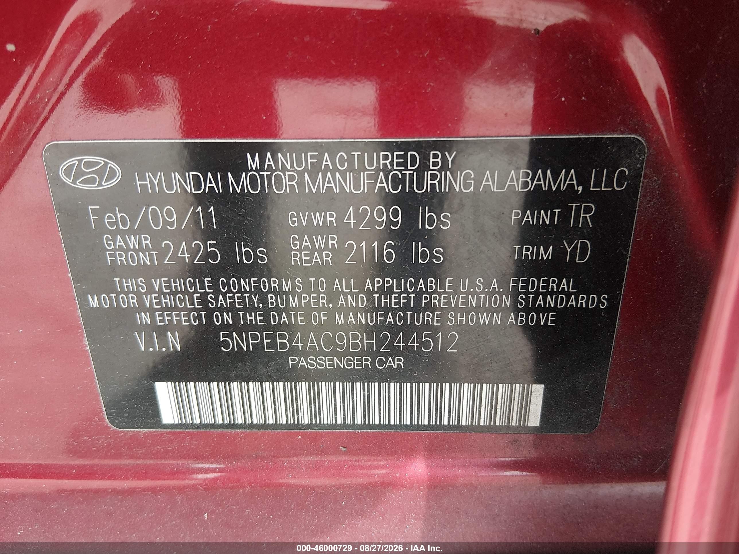 2011 Hyundai Sonata Gls Red vin: 5NPEB4AC9BH244512