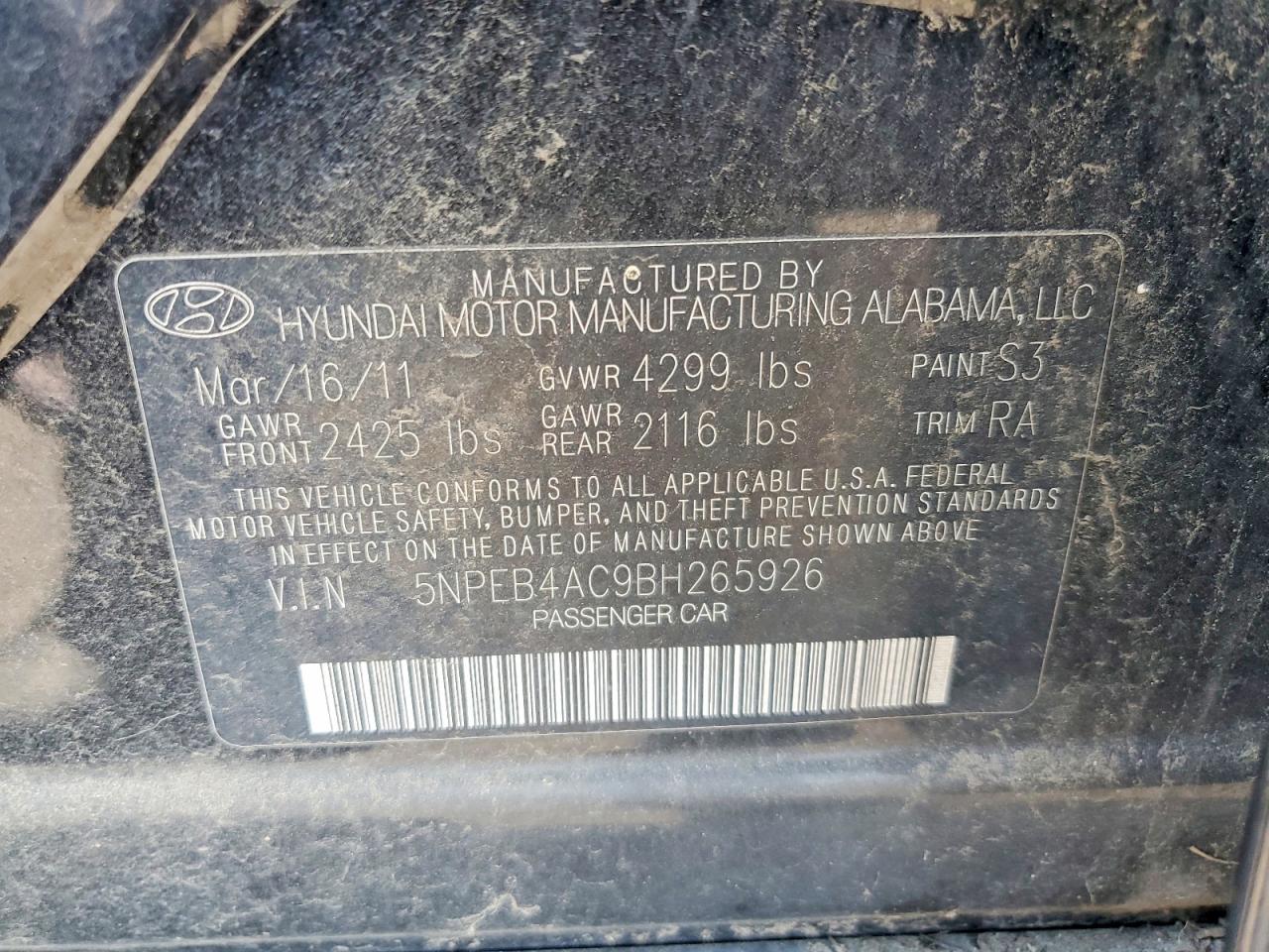2011 Hyundai Sonata Gls Black vin: 5NPEB4AC9BH265926