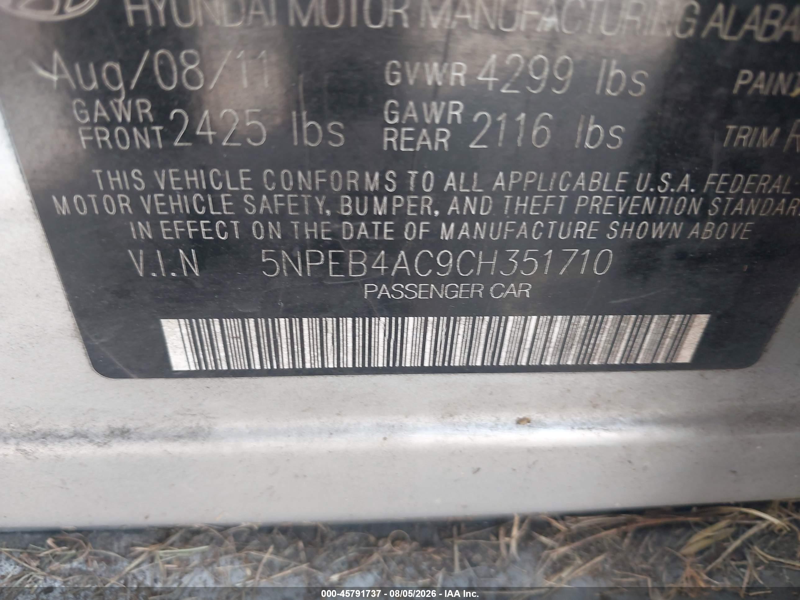 2012 Hyundai Sonata Gls Gray vin: 5NPEB4AC9CH351710