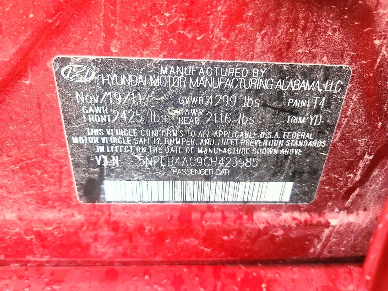 2012 Hyundai Sonata Gls Red vin: 5NPEB4AC9CH423585