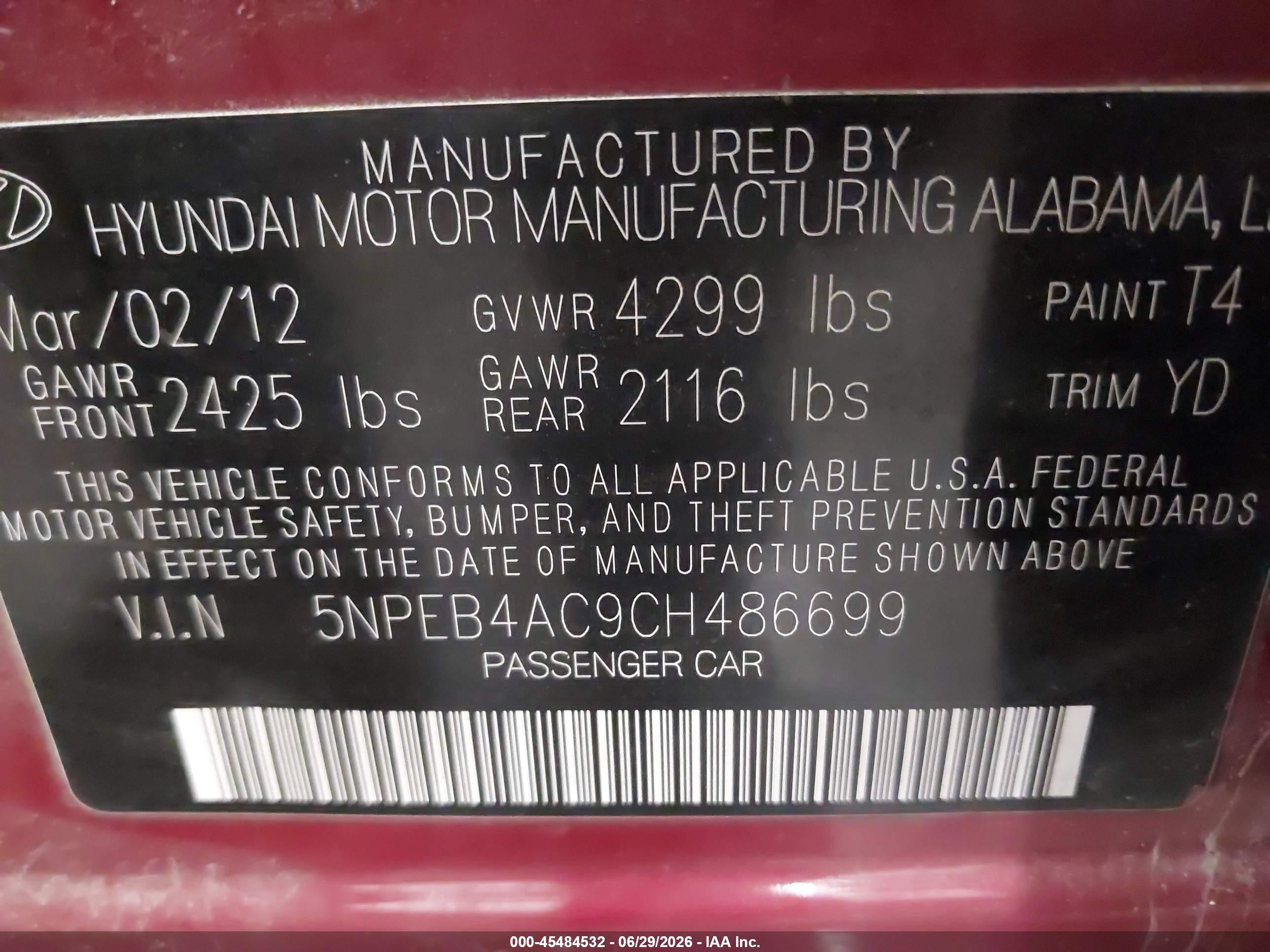 2012 Hyundai Sonata Gls Red vin: 5NPEB4AC9CH486699