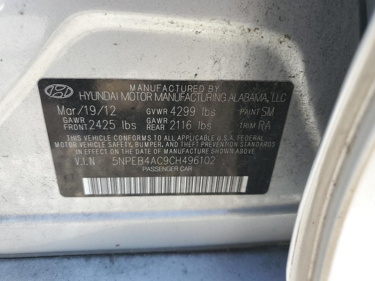 2012 Hyundai Sonata Silver vin: 5NPEB4AC9CH496102