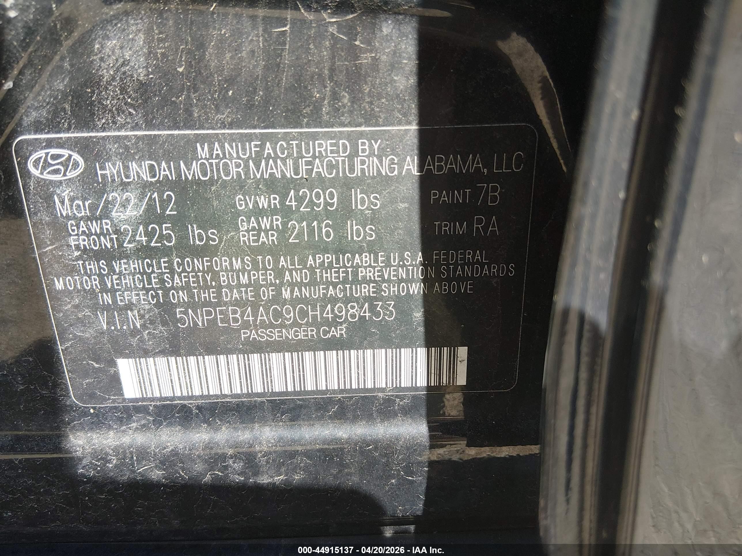 2012 Hyundai Sonata Gls Black vin: 5NPEB4AC9CH498433