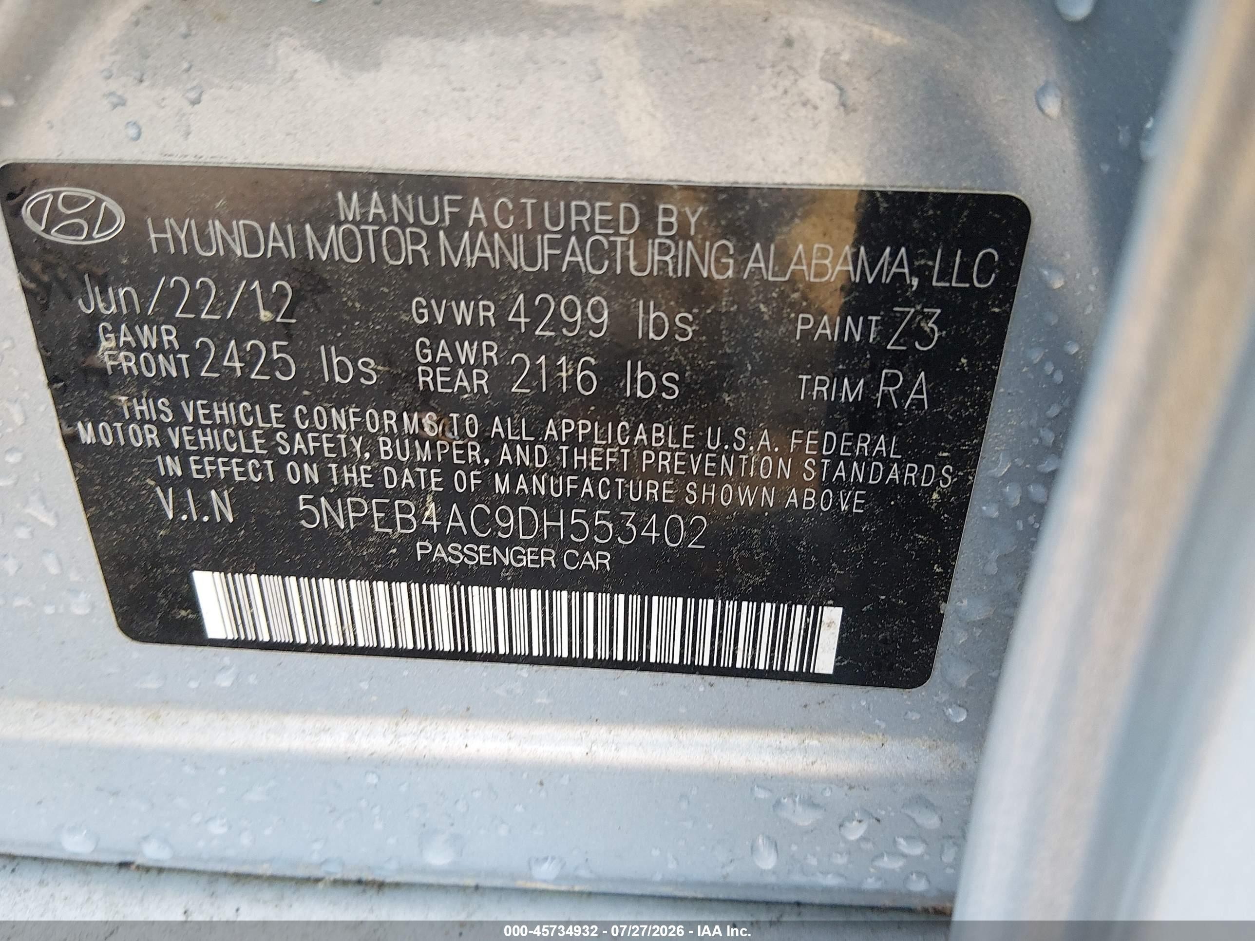 2013 Hyundai Sonata Gls Light Blue vin: 5NPEB4AC9DH553402