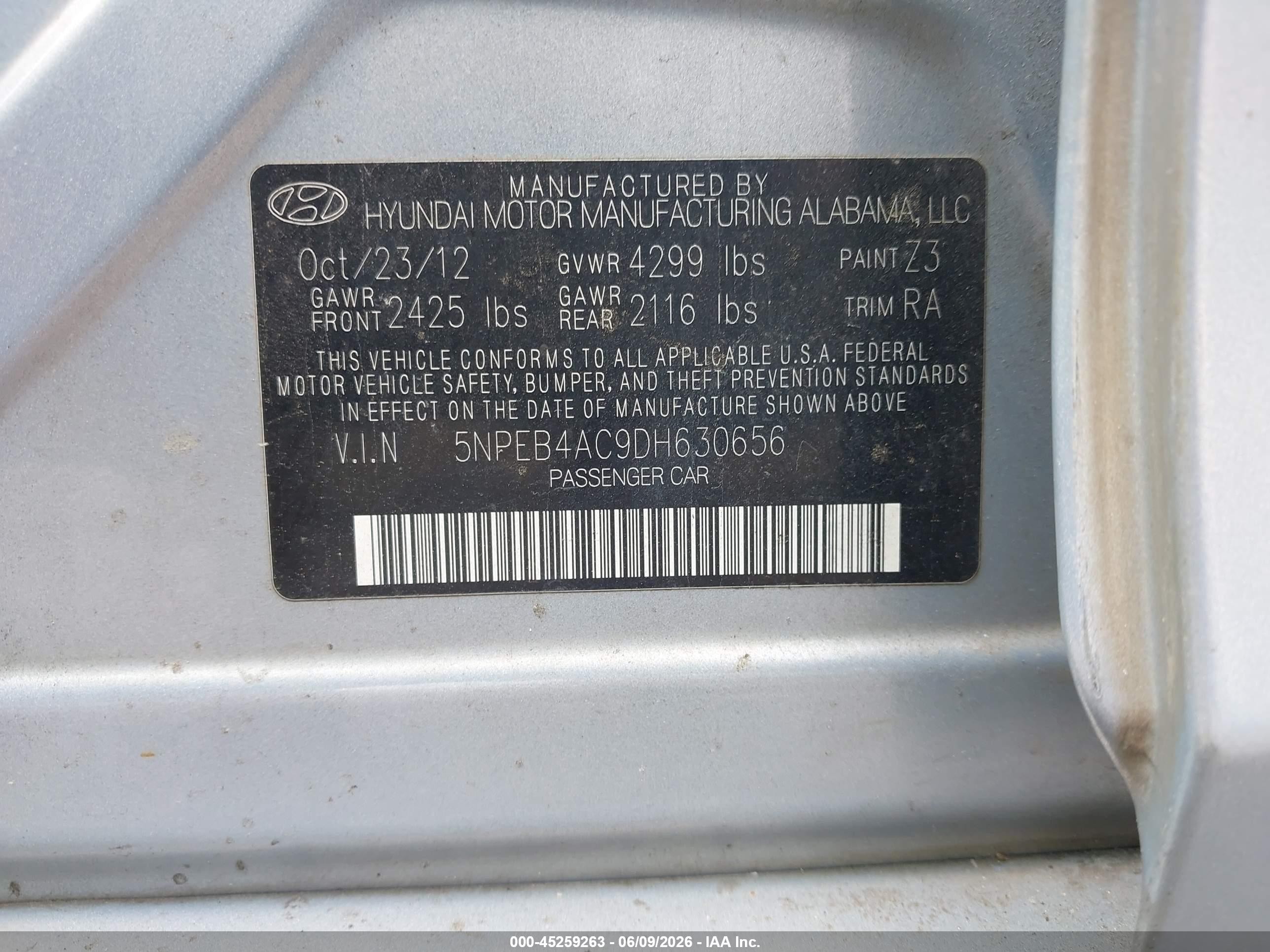 2013 Hyundai Sonata Gls Light Blue vin: 5NPEB4AC9DH630656