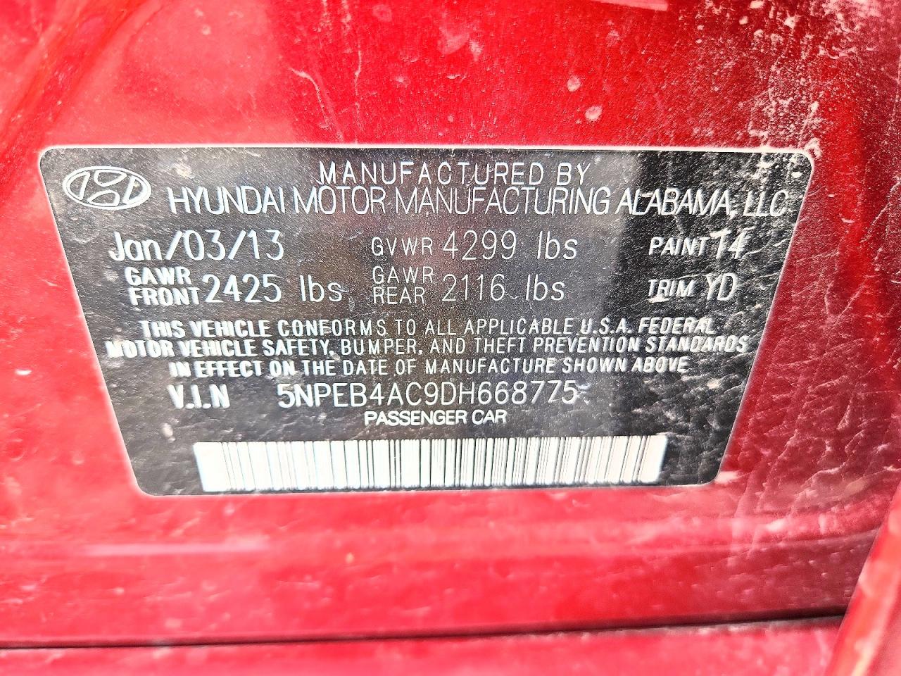 2013 Hyundai Sonata Gls Red vin: 5NPEB4AC9DH668775