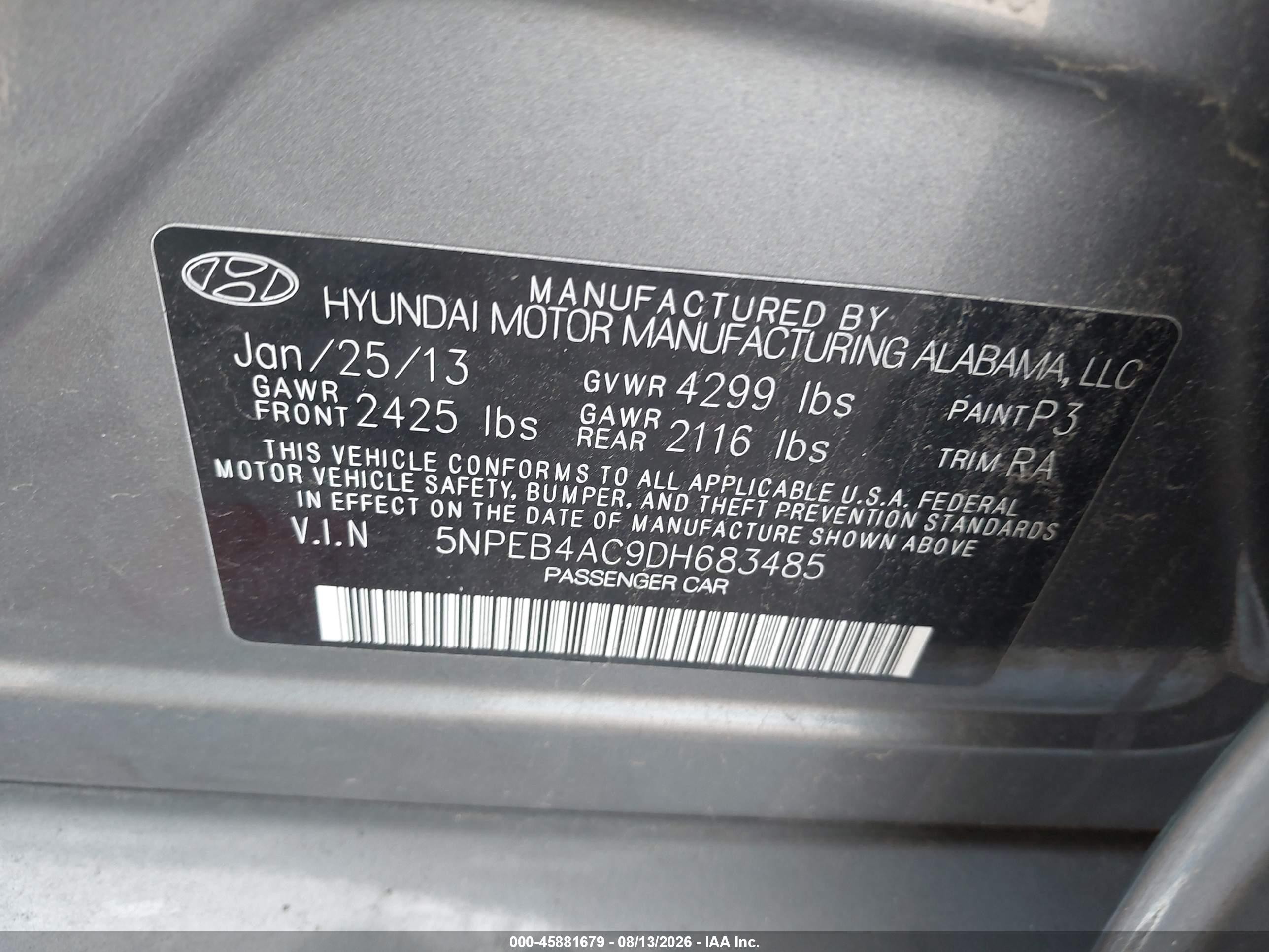 2013 Hyundai Sonata Gls Gray vin: 5NPEB4AC9DH683485