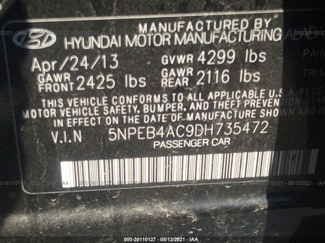 2013 Hyundai Sonata Gls Pzev Черный vin: 5NPEB4AC9DH735472