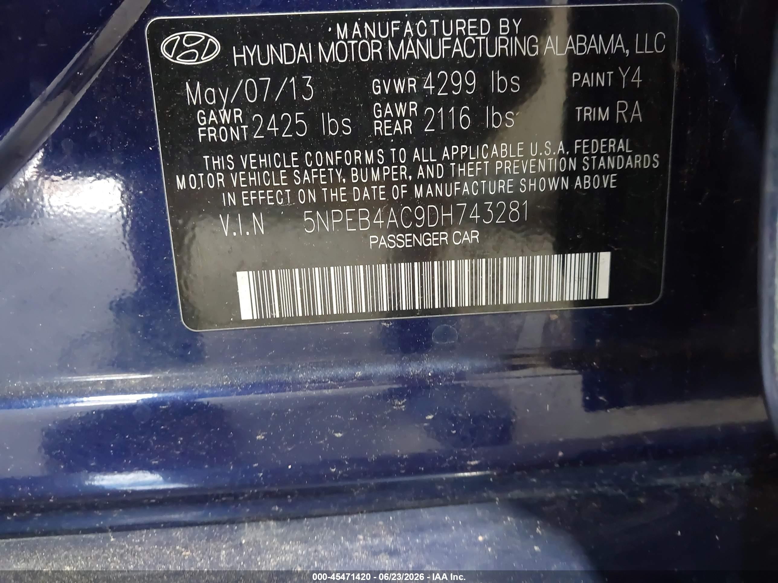 2013 Hyundai Sonata Gls Dark Blue vin: 5NPEB4AC9DH743281