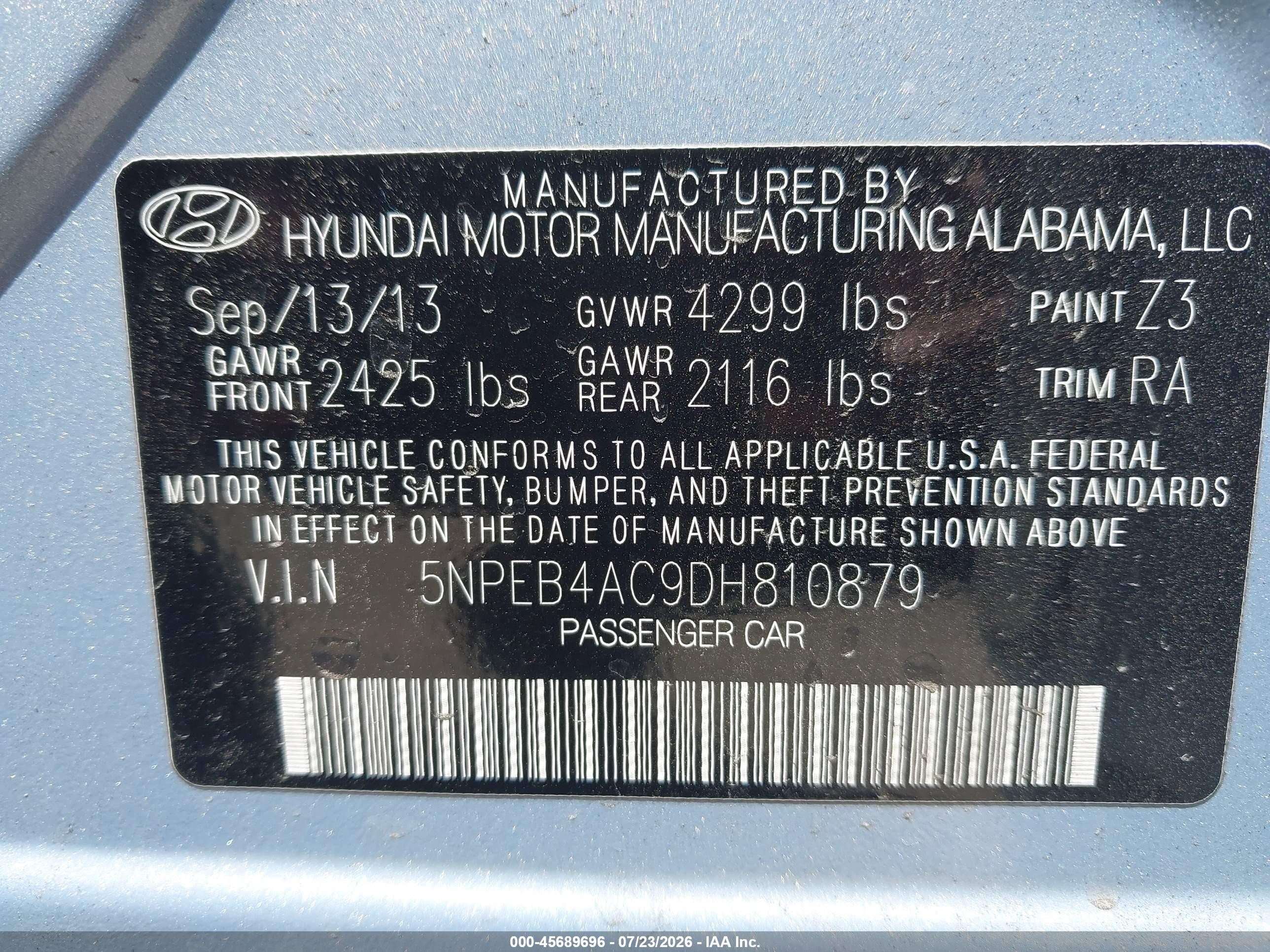 2013 Hyundai Sonata Gls Light Blue vin: 5NPEB4AC9DH810879