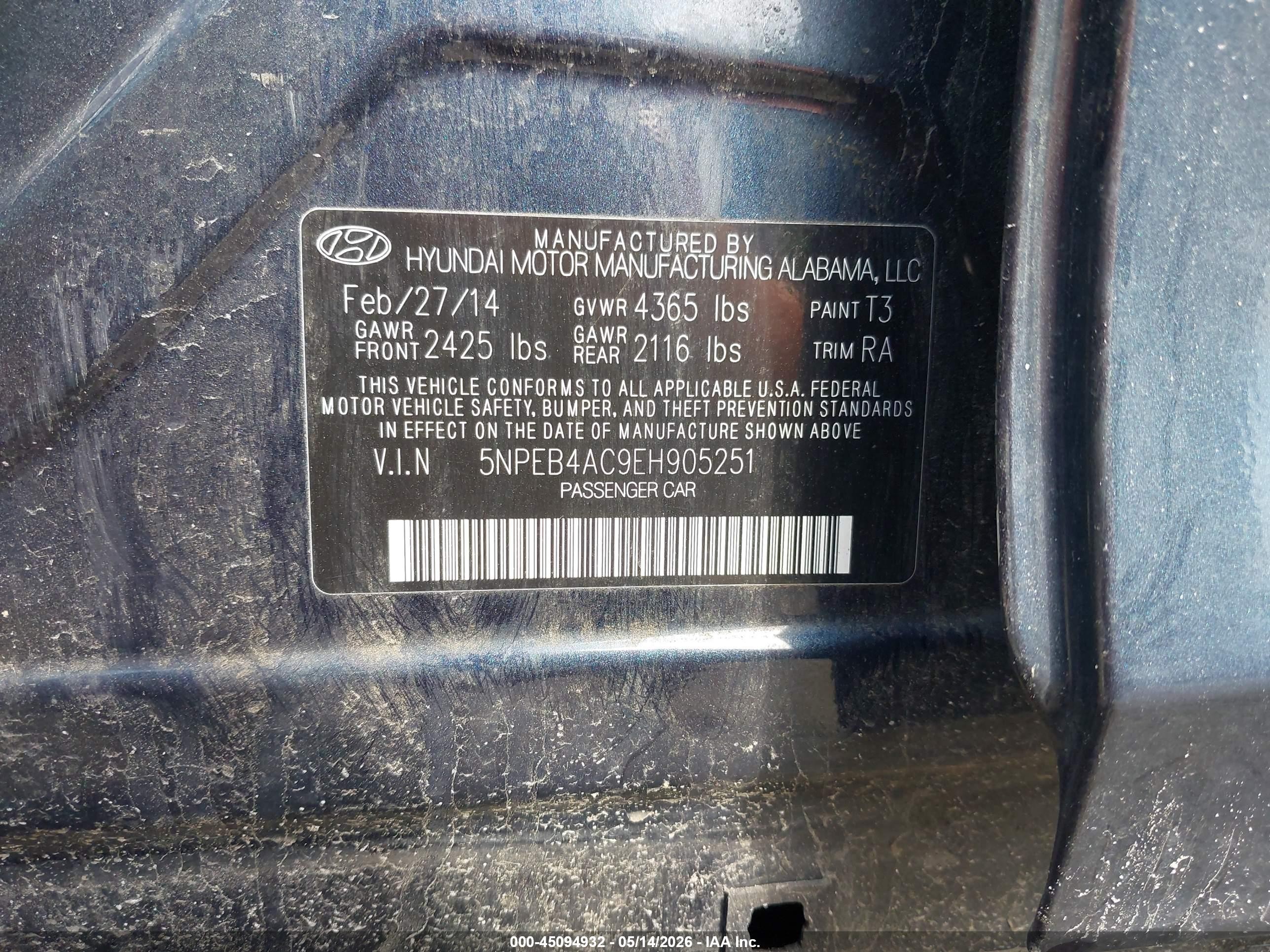 2014 Hyundai Sonata Gls Gray vin: 5NPEB4AC9EH905251
