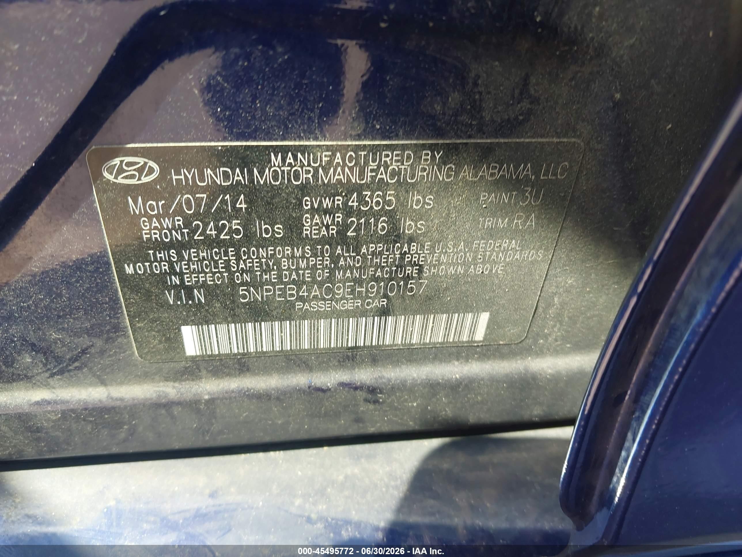 2014 Hyundai Sonata Gls Blue vin: 5NPEB4AC9EH910157