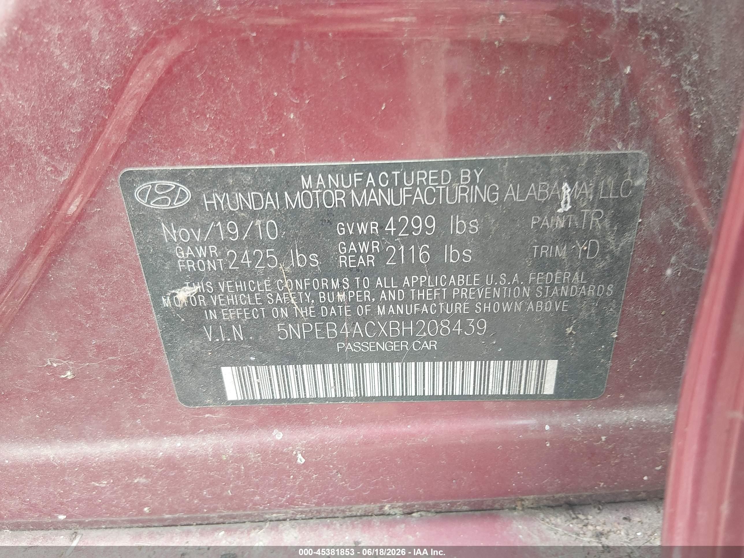 2011 Hyundai Sonata Gls Burgundy vin: 5NPEB4ACXBH208439
