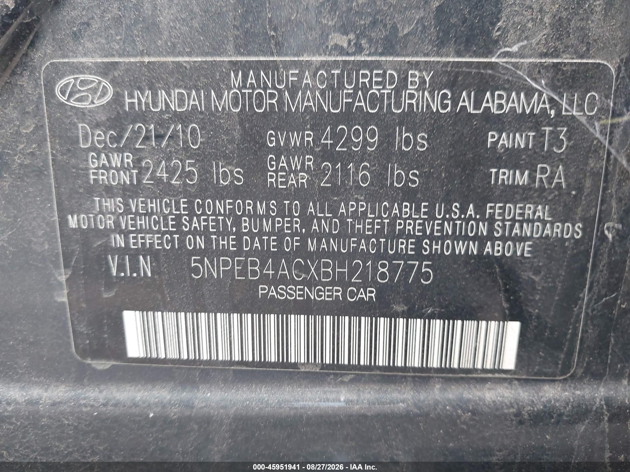 2011 Hyundai Sonata Gls Blue vin: 5NPEB4ACXBH218775